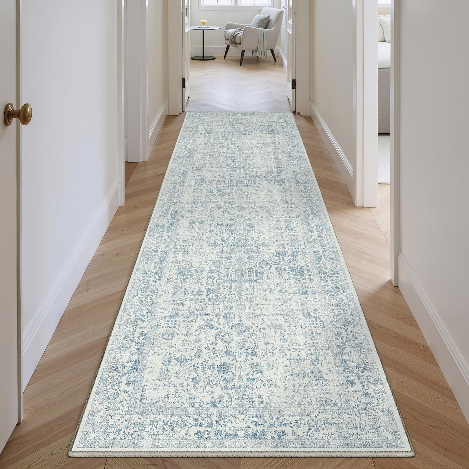 HUGEAR Vintage Passatoia Tappeto Corridoio Blu Tappeti 60x240cm Cucina Antiscivolo Lavabile in Lavatrice Tapette Camera da Letto Scendiletto Cameretta Ufficio Pelo Corto Lungo Carpet