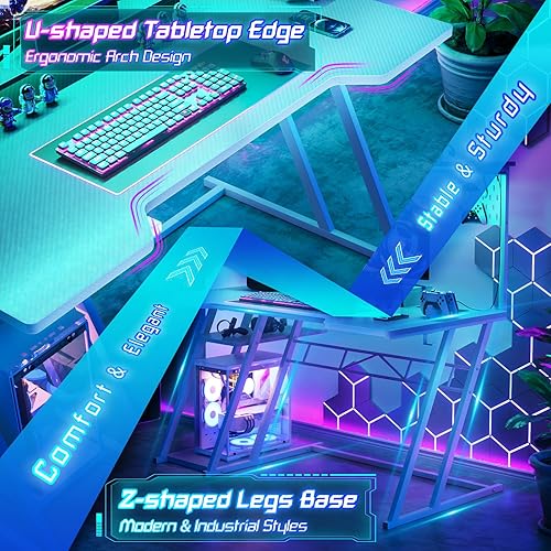 Miniatura 7 de Escritorio para computadora Armocity para videojuegos con enchufes, escritorio para juegos con alacena y luces LED, escritorio reversible para PC