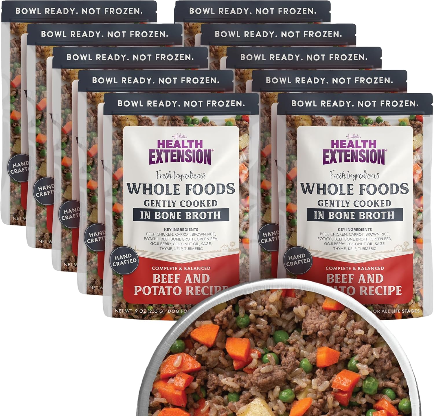 Health Extension Gently Cooked Beef & Potato Dog Food, (9 oz, 255 g) – Bowl Ready with Bone Broth, Omega-3s & Superfoods for All Life Stages (Case of 10 Pouches)