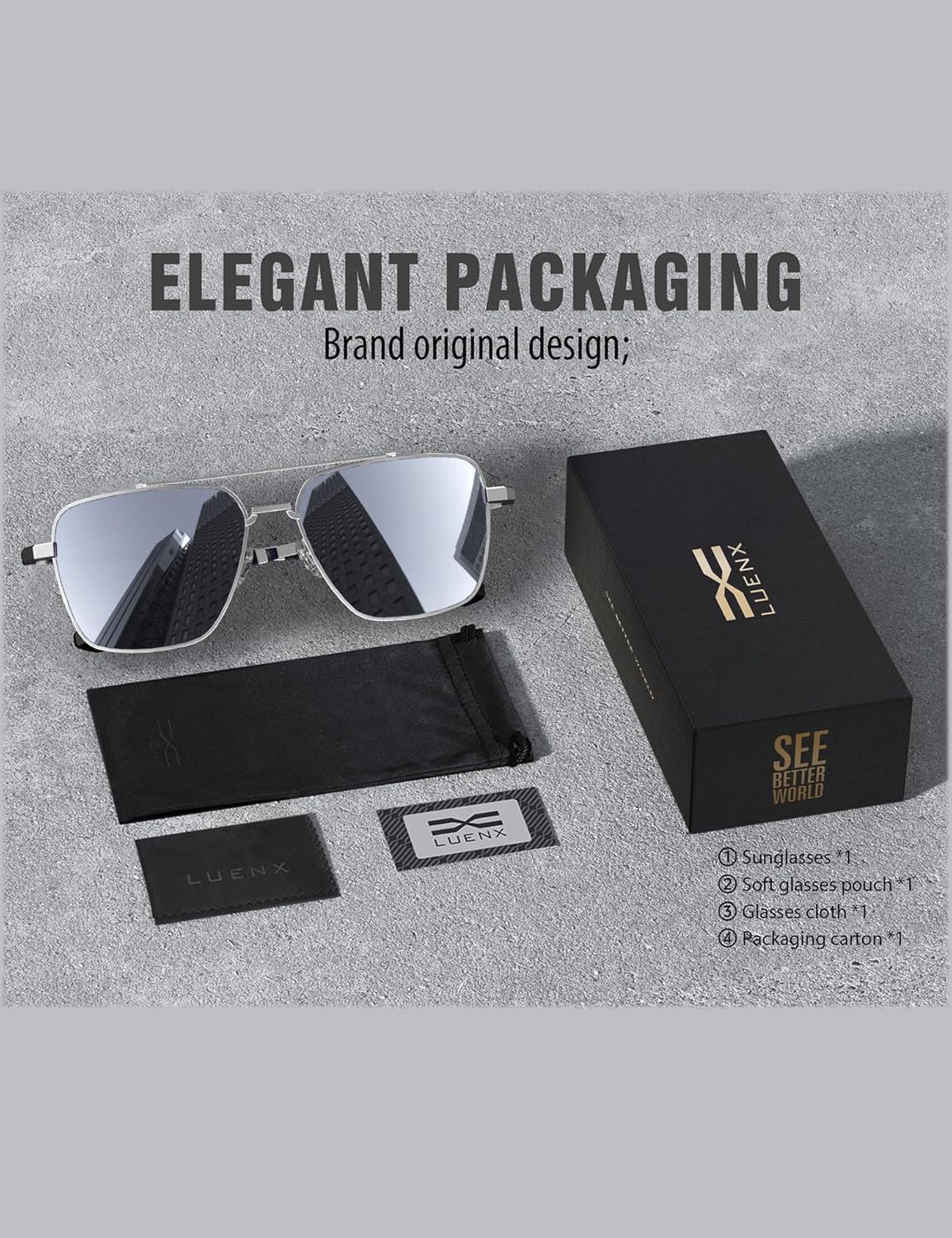 LUENX Mens Women Polarized Sunglasses Aviator, Square Polygon Lens Driving UV 400 Protection With Accessories 58mm Small - Image 6