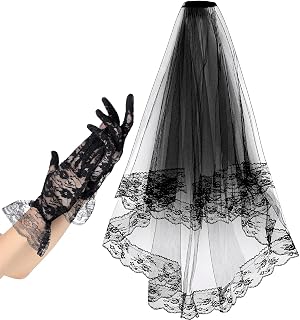 2 Pieces Black Lace Veil and Floral Lace Gloves Brides Veil with Comb Short Gloves Halloween Bride Costume for Women Wedding Cosplay Party