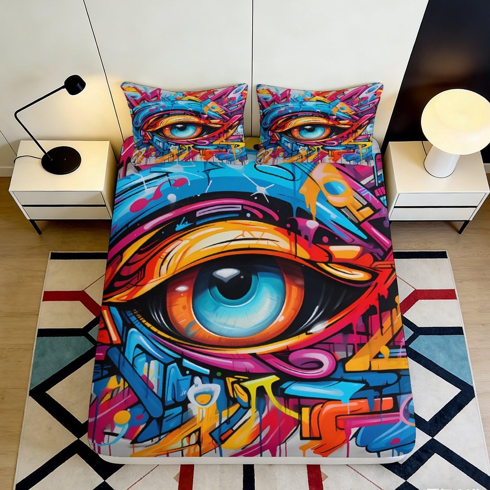 3D Printed Graffiti Eye Fitted Sheet Microfiber Soft Breathable Abstract Street Art Mattress Cover for Bedroom Dormitory Guest Room Protection Decor 140x200x25cm