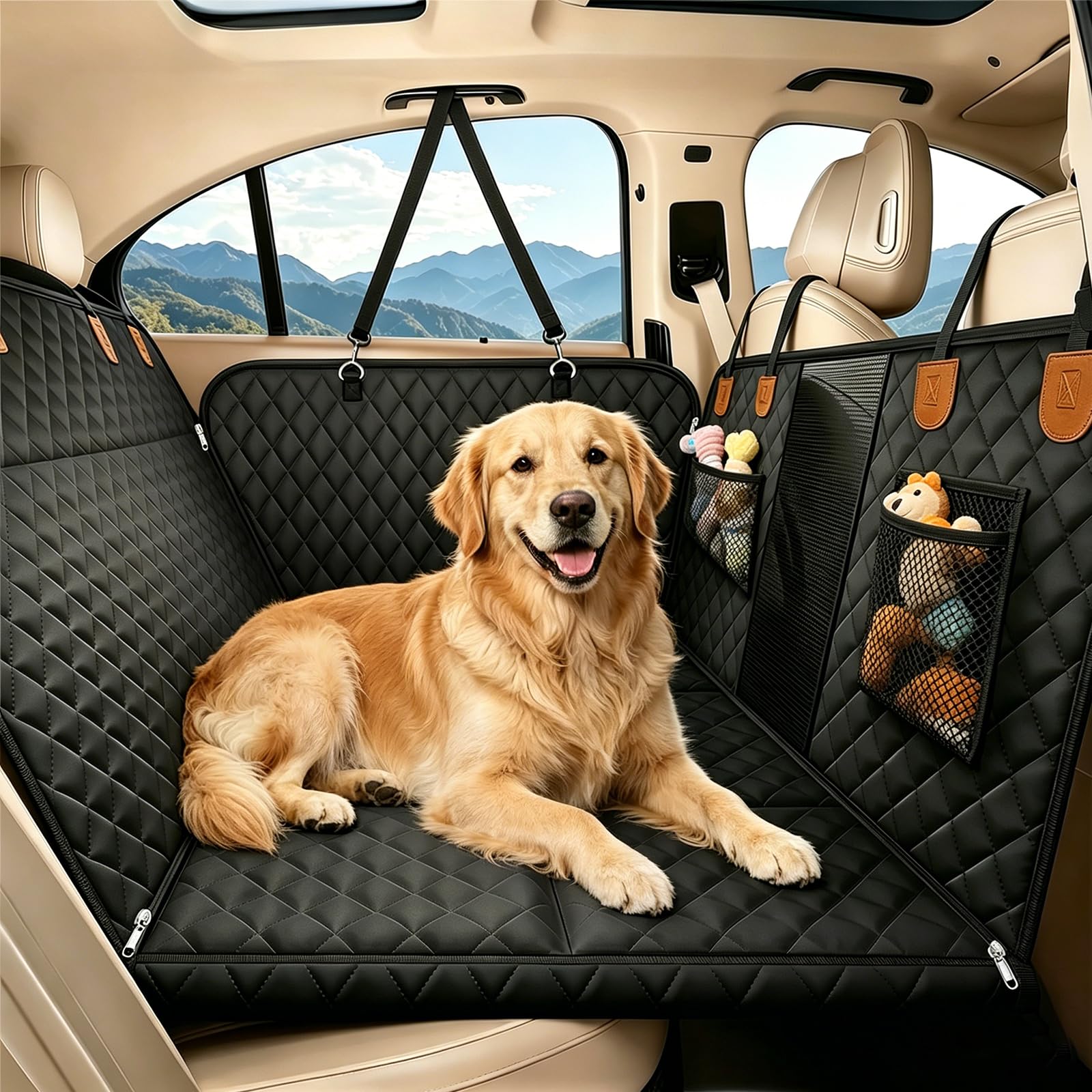 Funda Coche Perros Asiento Trasero, Protector Coche Perro Impermeable Antideslizante Resistente Arañazos, Base Rígida 8 Paneles Soporte, Plegable con Ventana Malla Visible, Universal para Turismos SUV