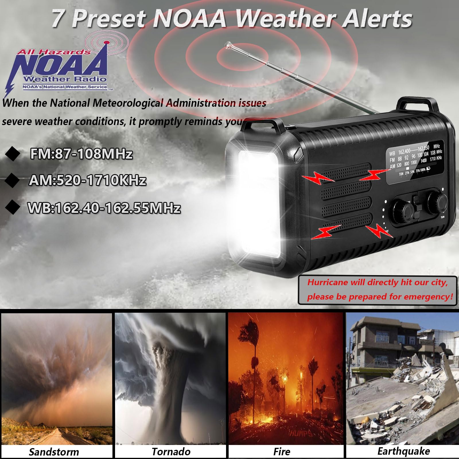 Radio di emergenza a manovella da 20000 mAh/74000 mWh, radio meteorologica AM/FM/NOAA, radio solare alimentata a batteria con caricabatterie per telefono USB, lampada da lettura torcia e SOS per
