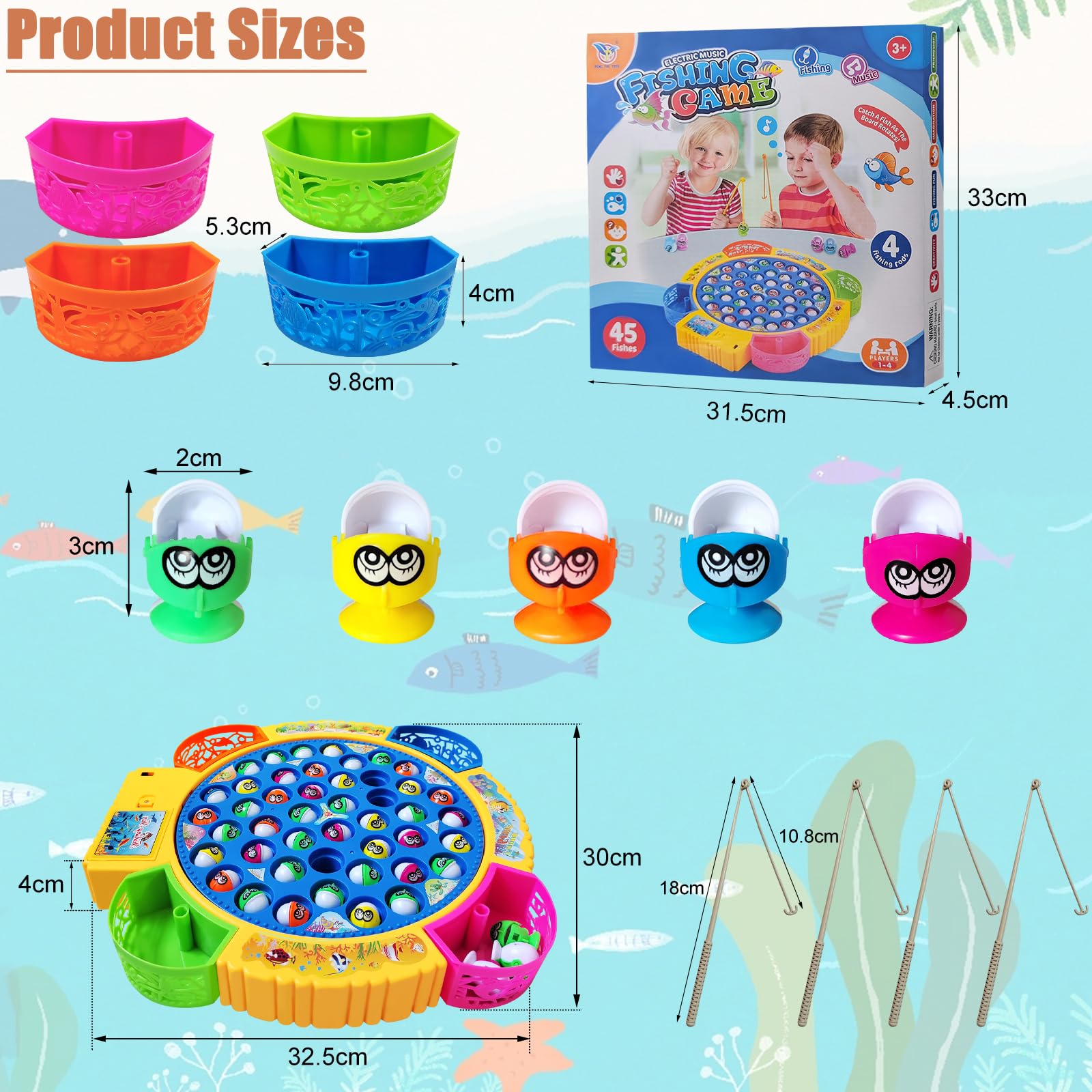 Gioco Musicale di Pesca con 45 Pesciolini e 4 Canna, Magnetico Giocattolo Educativo e Stimolante - Regali per Bambini e Bambine di 2 3 4 5 6 Anni
