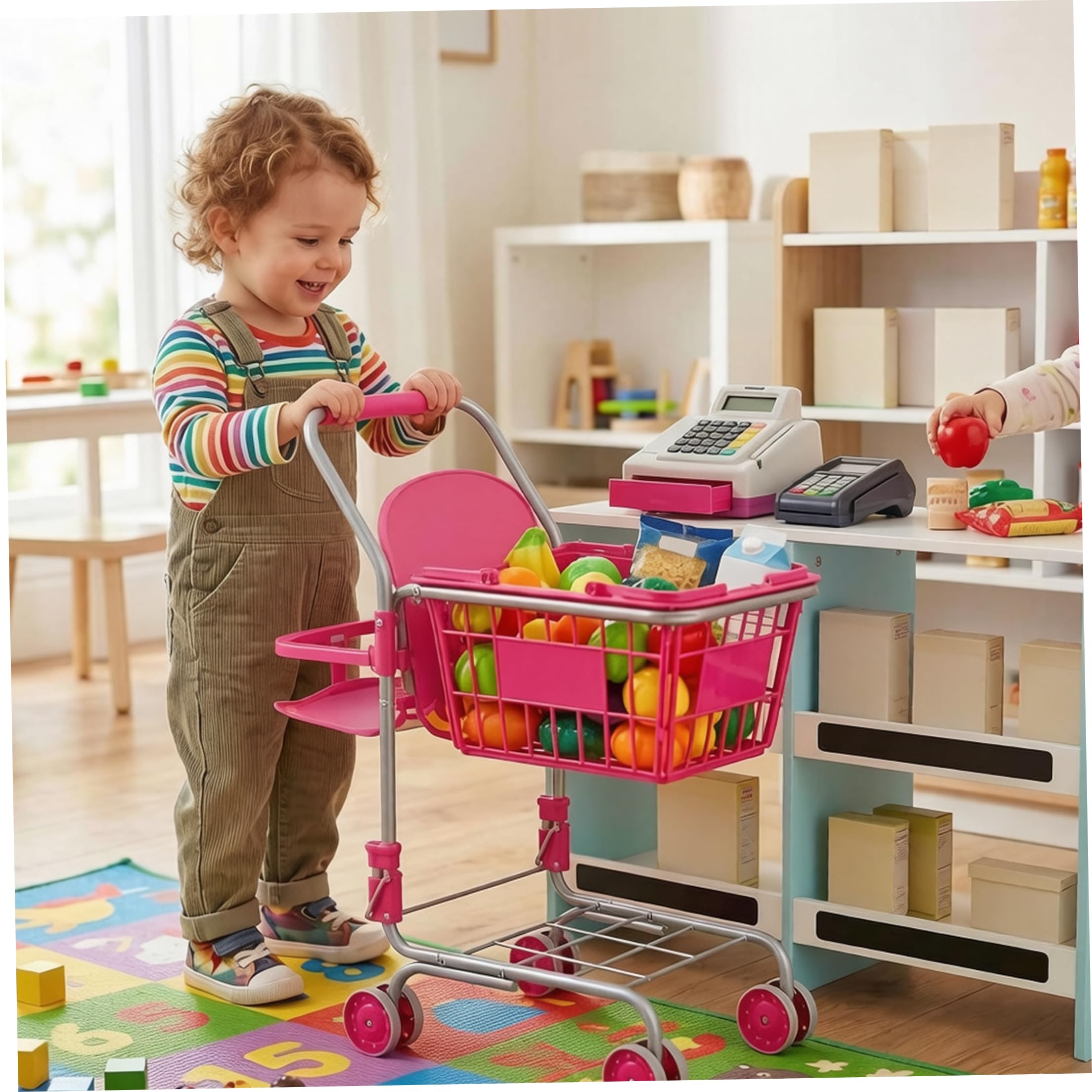Carrello della Spesa per Bambini Carrello della Spesa Giocattolo Pieghevole con Cestino per 1-3 Bambini