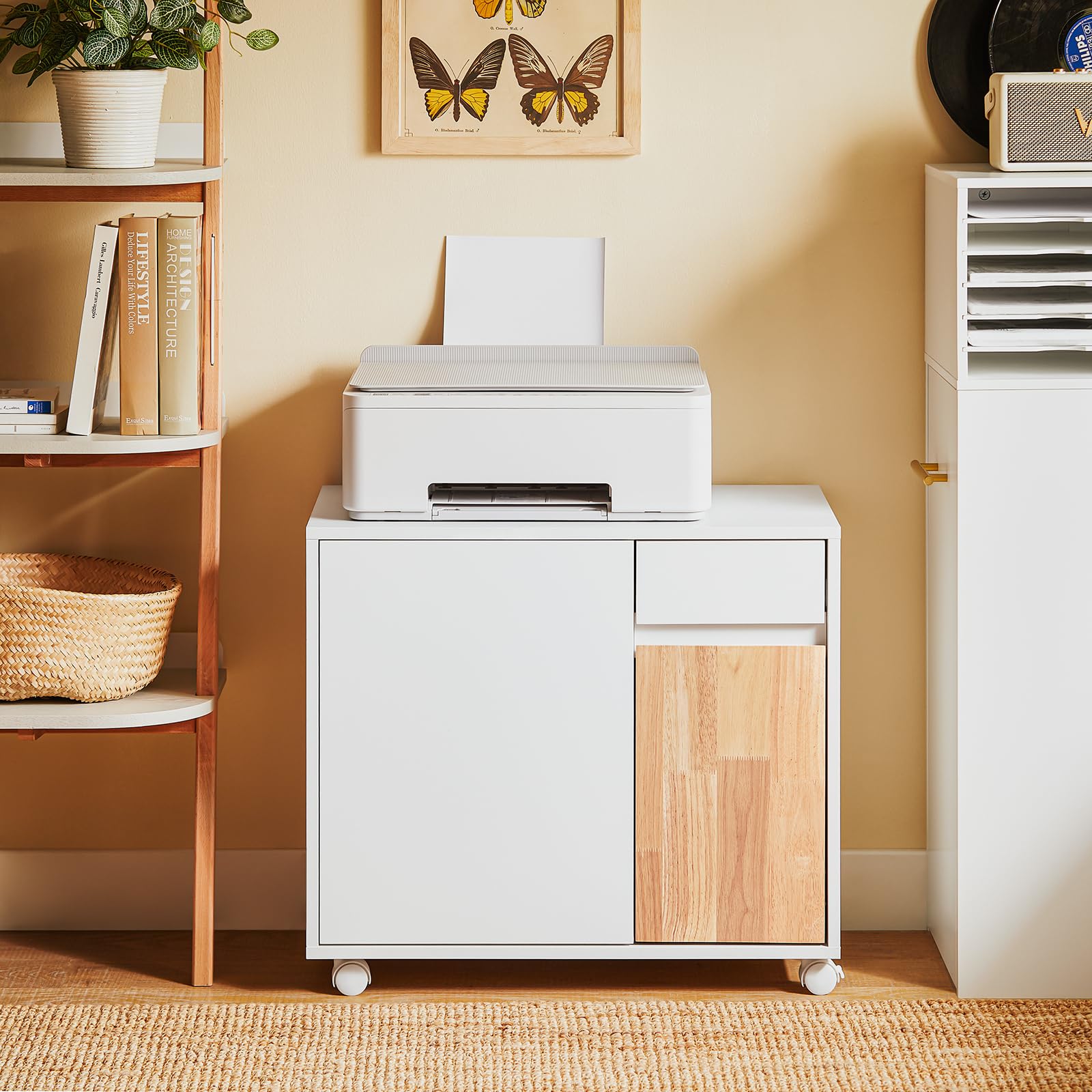 SoBuy Carrello da ufficio Carrello Portaoggetti con Cassetto Tavolino stampante Bianco-Naturale 65x35x58cm ASK04-WN