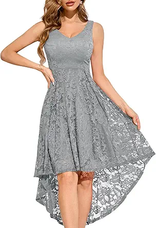 MUADRESS Women's Elegant Floral Lace Dress Sleeveless Crew Neck Hi-Lo Cocktail Dress