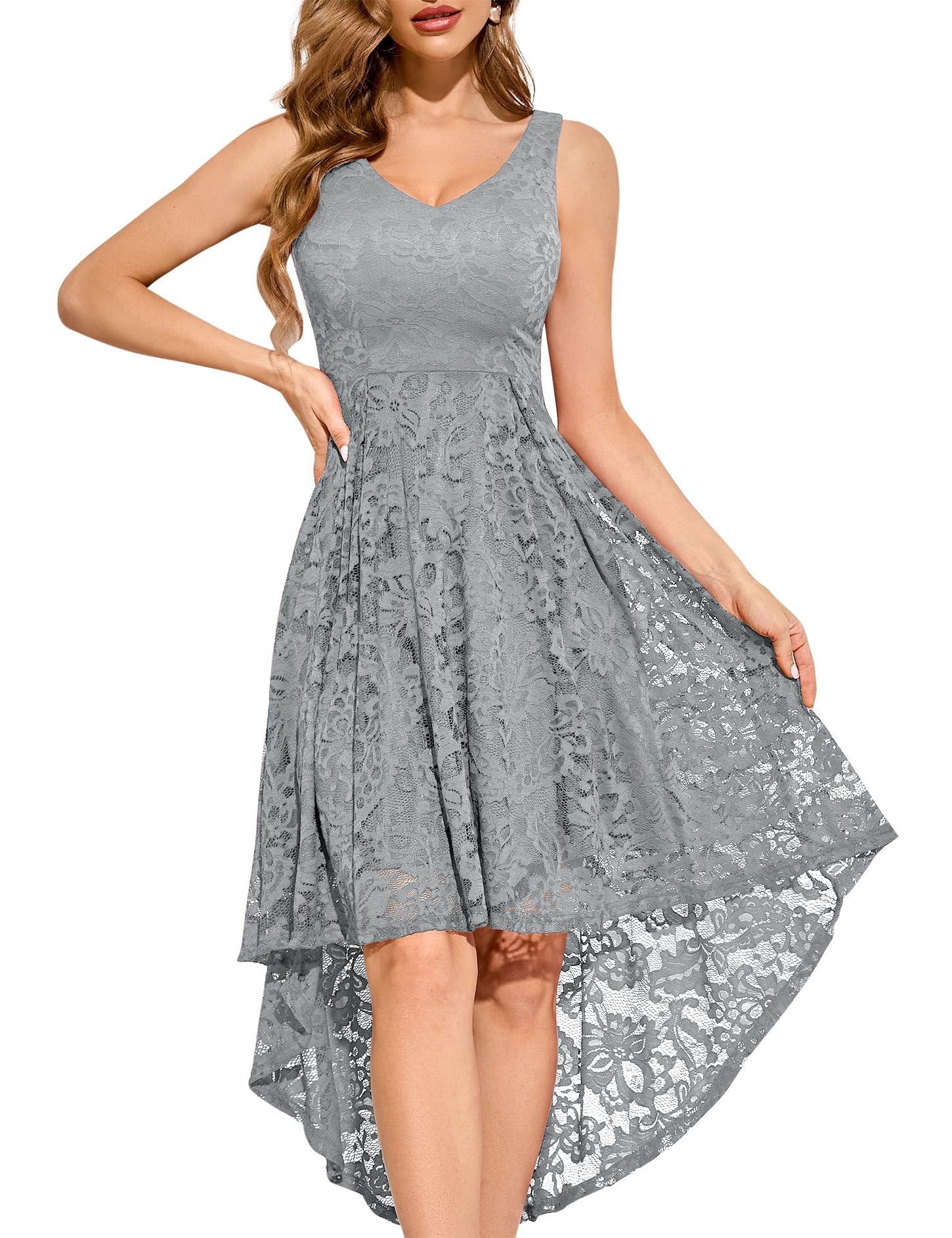 MUADRESS Vestido Cóctel Sin Manga Cuello Y Espalda V Hi-lo Flor Encaje Elegante Mujer