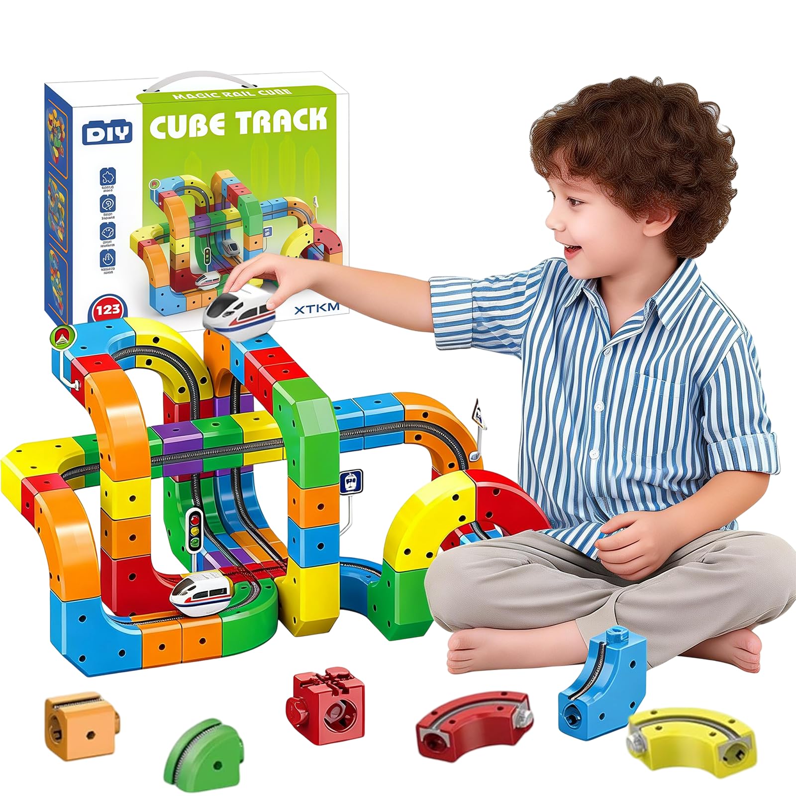 123PCS Magnetic Cube Track Train Set for Toddlers – 3D Vertical STEM Building Block Rail – Electric Magnetic Train Set Toy for Boys & Girls Ages 3-8