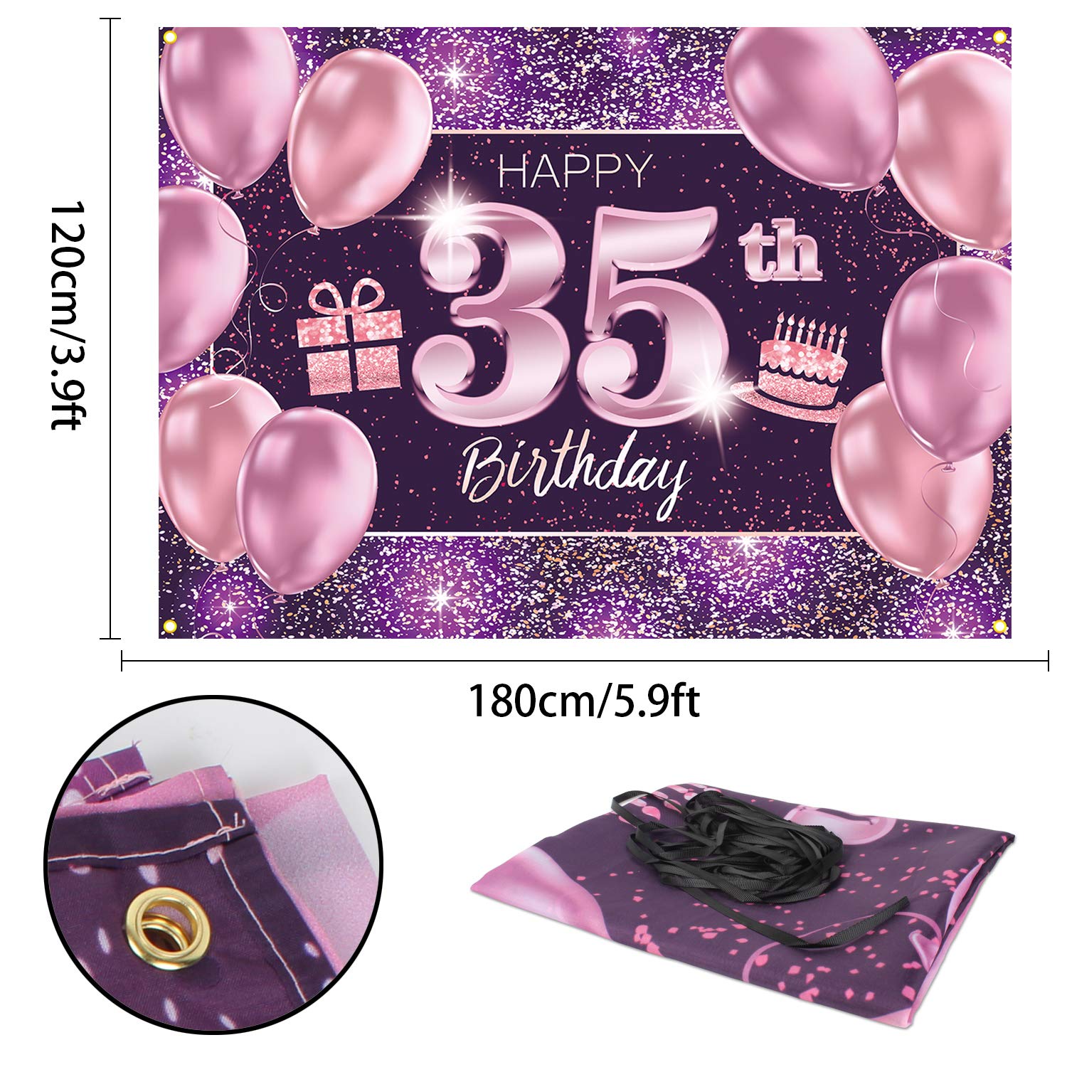 PAKBOOM Baner 'Happy 35th Birthday' tło - 35 urodziny dekoracje na przyjęcie dla kobiet - różowe fioletowe złoto 1,2 x 1,8 m
