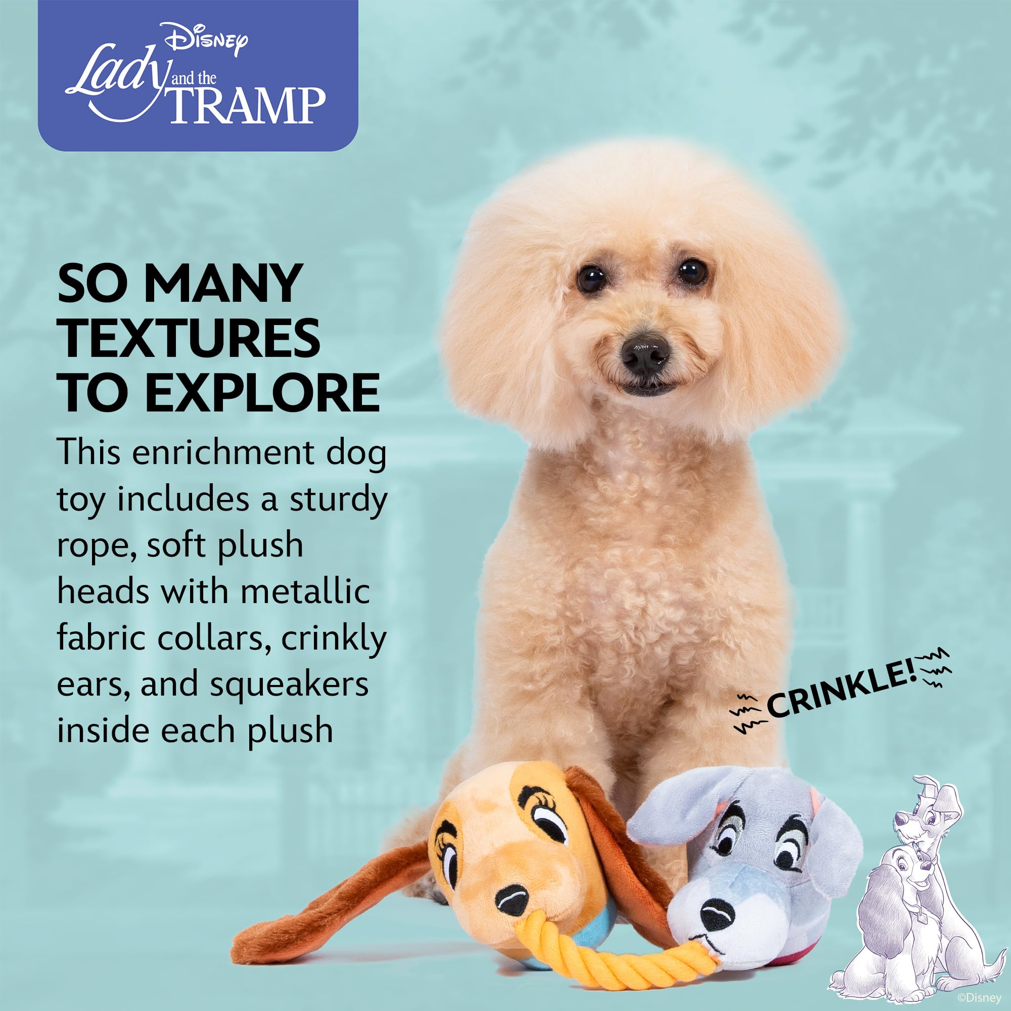 Disney for Pets Lady and The Tramp Hundespielzeug, Seil, 35,6 cm, Hundespielzeug für Hunde, inspiriert von Dame und dem Strolpen mit Knistern und Quietschelementen