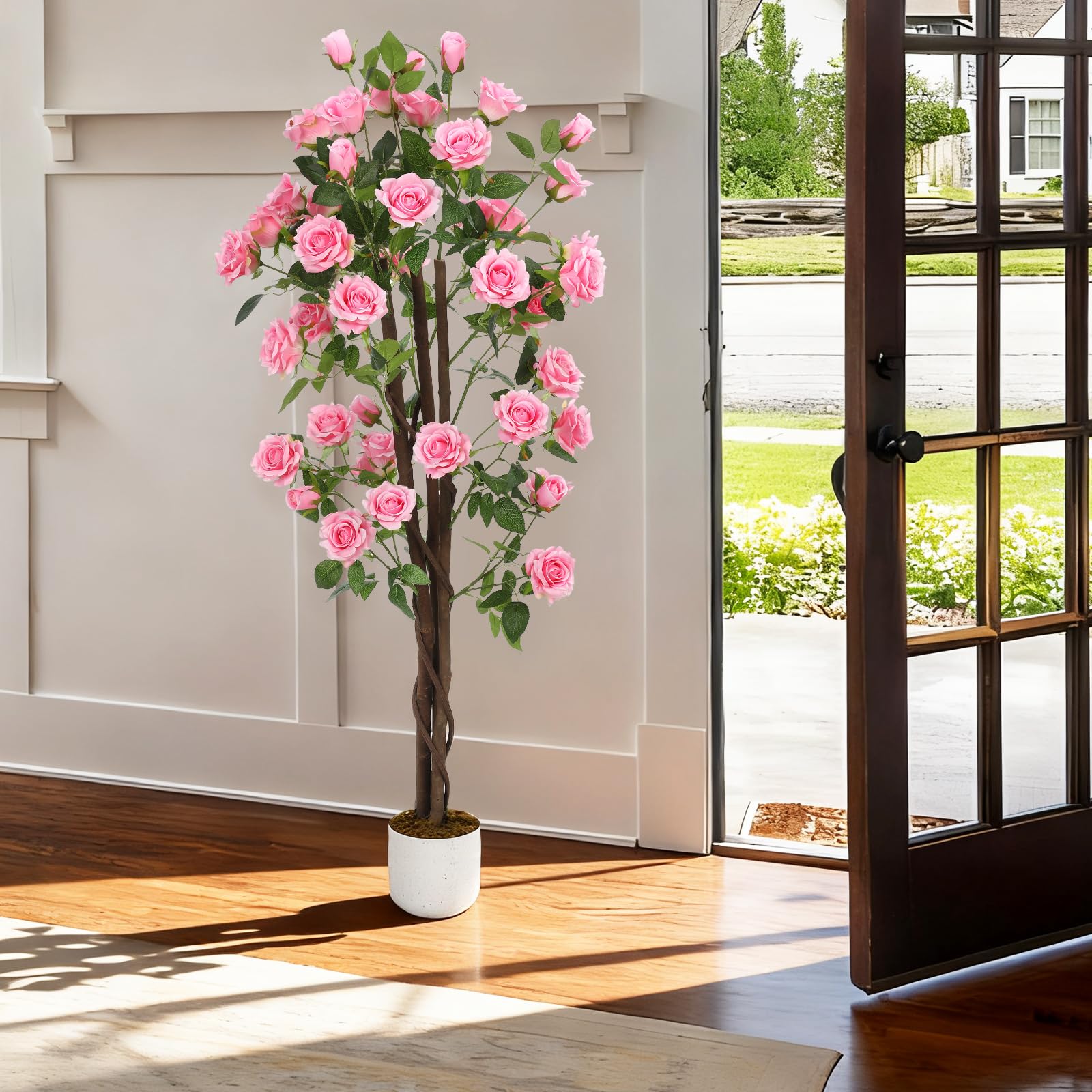 GarveeLife Künstlicher Rosenblütenbaum, Rosa/Weiß, Deko Rosenpflanzen Für Drinnen Und Draußen, 75/80/90/105/120/150Cm Hoch, Künstlicher Baum Mit Natürlichem Holzstamm Und Lebensechten Blumen Für Zuhau