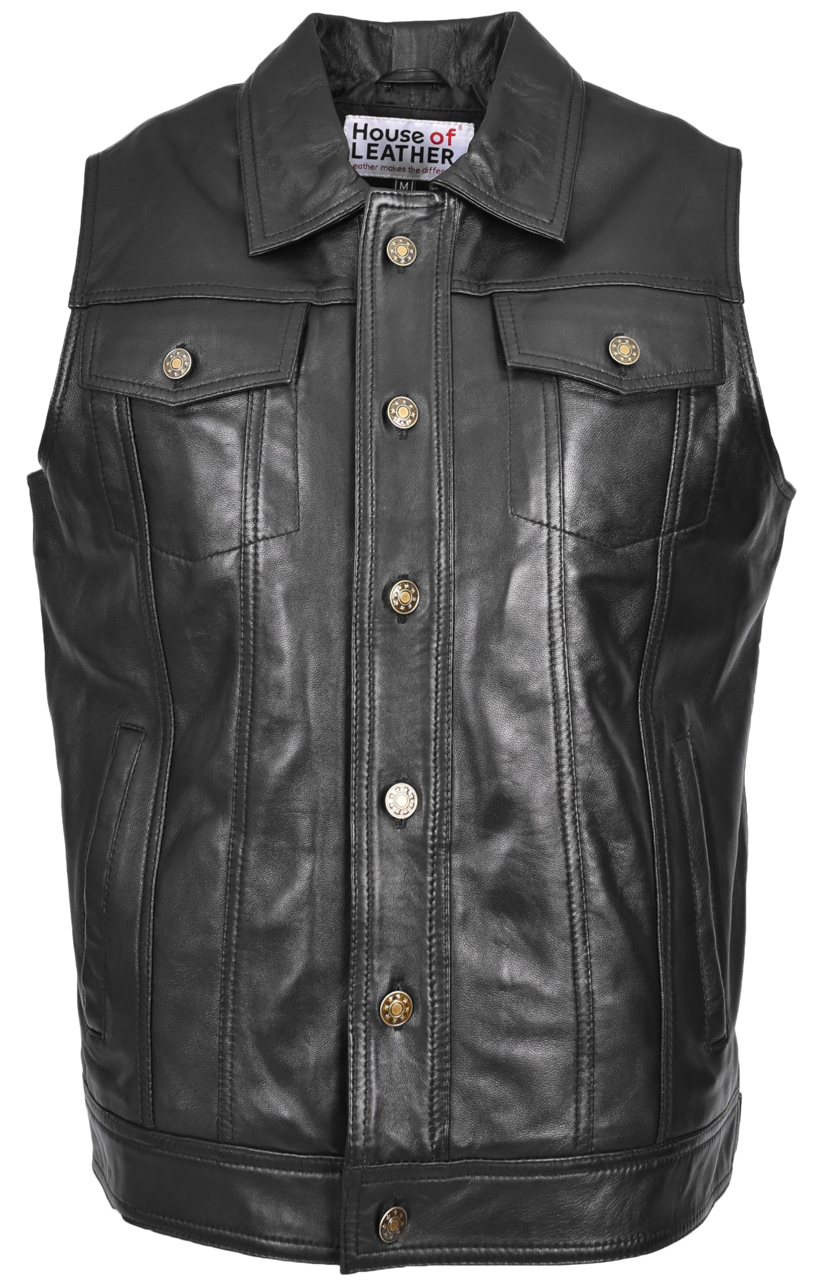 House of Leather Men's Leather Vest Trucker Style Black 2XL