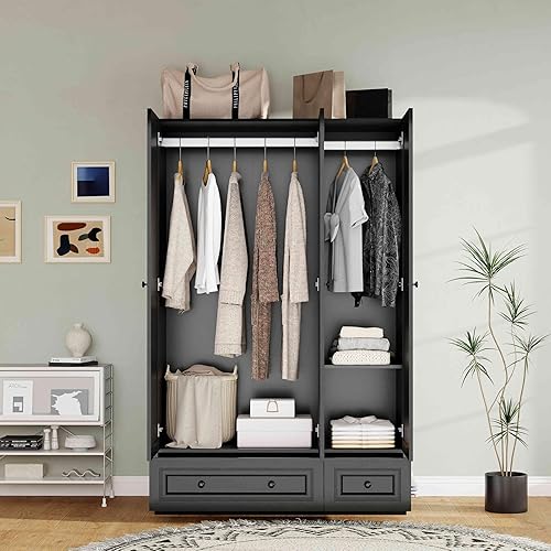 Miniatura 3 de Armario de dormitorio con cajones: armario de madera de 74 pulgadas con 3 puertas, armarios negros con 2 cajones, armario alto con estantes y ropa