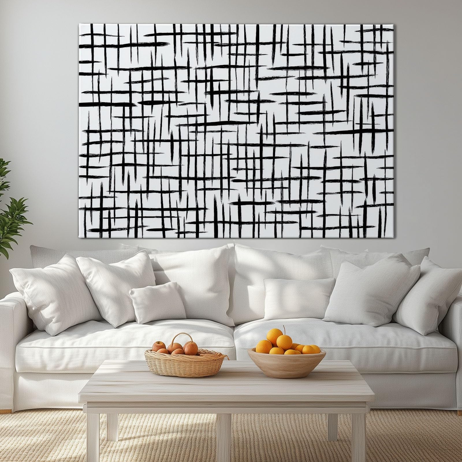 Genérico Cuadros Decoracion Salon Líneas De Cuadrícula En Blanco Y Negro 90x60cm Lienzo Decorativo con Marco Madera, Laminas Cuadro para Pared, Decoracion Dormitorio Baño Comedor Oficina Hogar