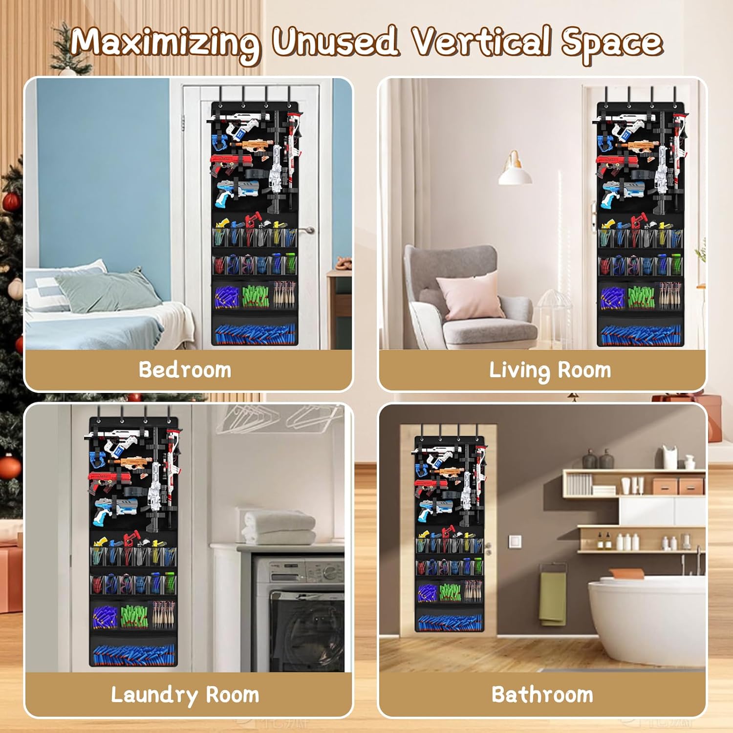 Over the Door Organizer for Building Blocks, Kids Toys Storage with Pockets and Slots for Stuffed Animal, Guns, Foam Blasters, Darts, Door Organizer hanging for Toys Storage, Kids Game Rooms