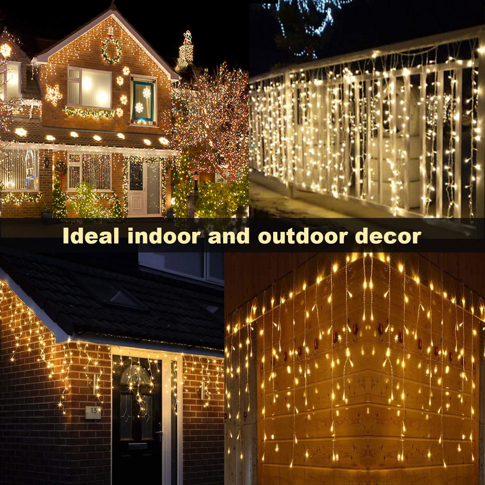 Led Eisregen Lichterkette Strom, 10m 400leds für Innen und Außen, GS geprüft, IP44, 8 Modi Lichtvorhang Mit Merkfunktion Fernbedienung Timer Für Zimmer, Traufe, Weihnachten, Treppe, Geländer
