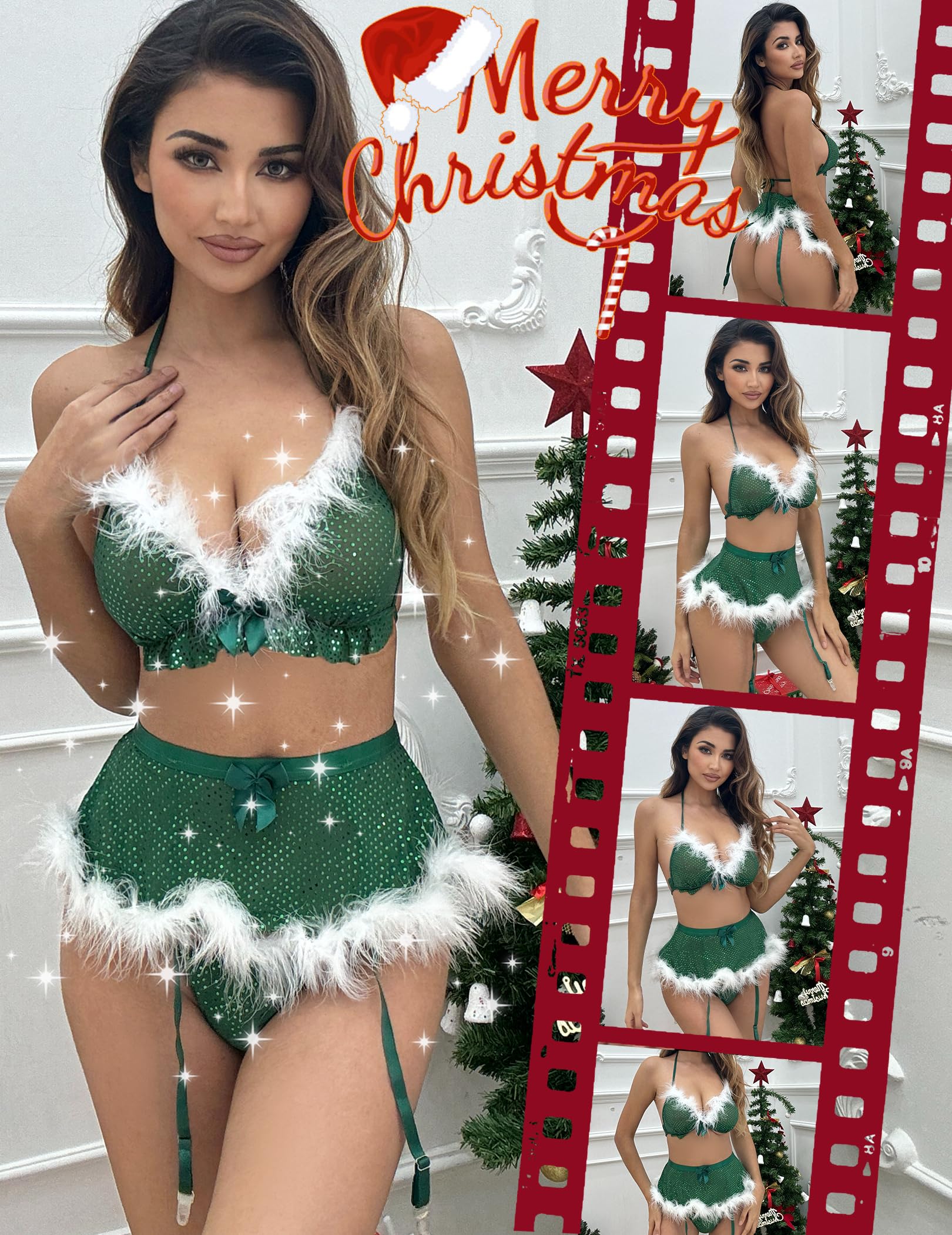 Avidlove Conjunto de lencería navideña para mujer con liguero de Papá Noel, babydoll de 3 piezas (sin medias), tallas S-XXL
