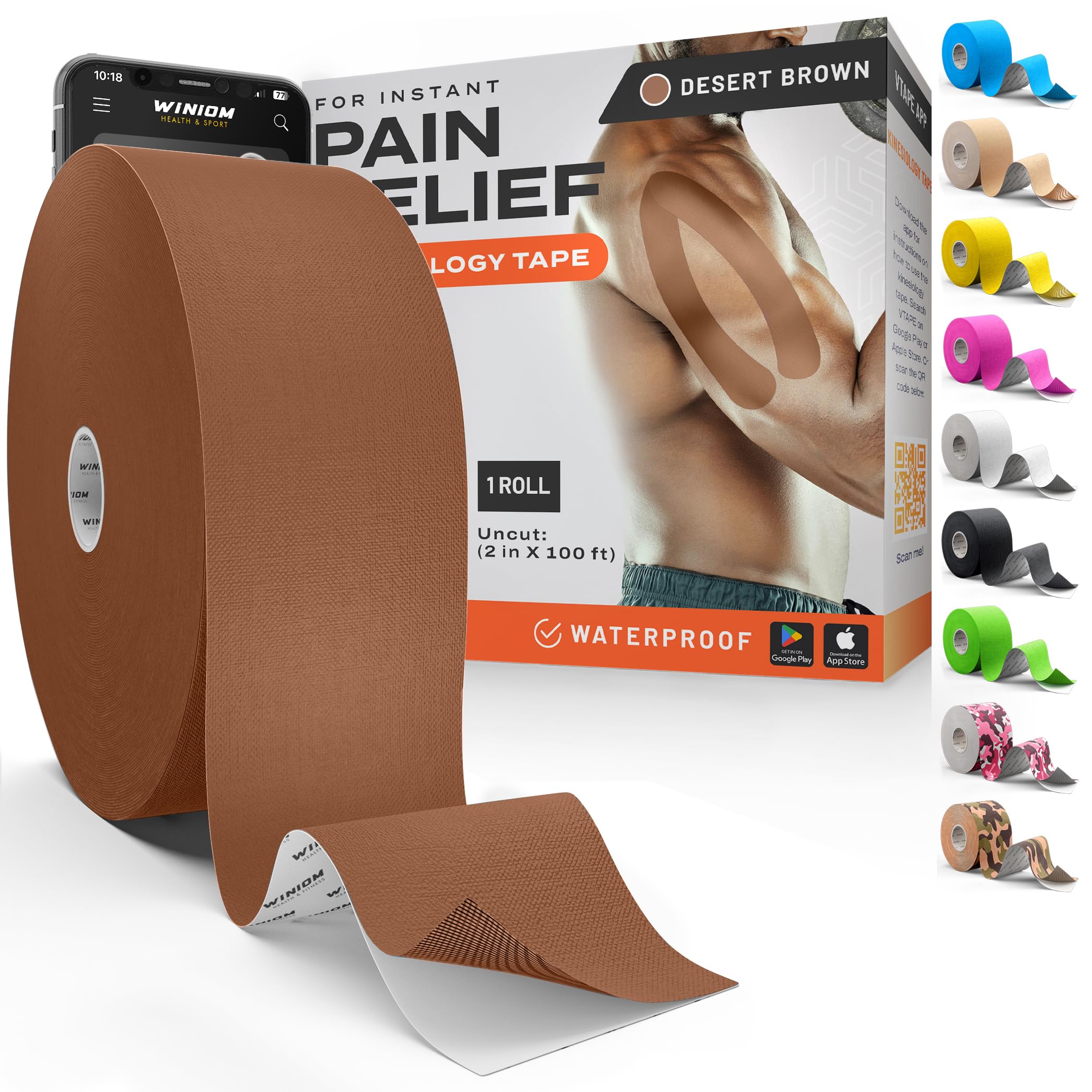 Cinta de Kinesiología Winimom: increíble soporte para deportes deportivos y relajación, instrucciones de montaje gratuitas (idioma español no garantizado). 5,1 cm y 300 m, rollo sin cortar