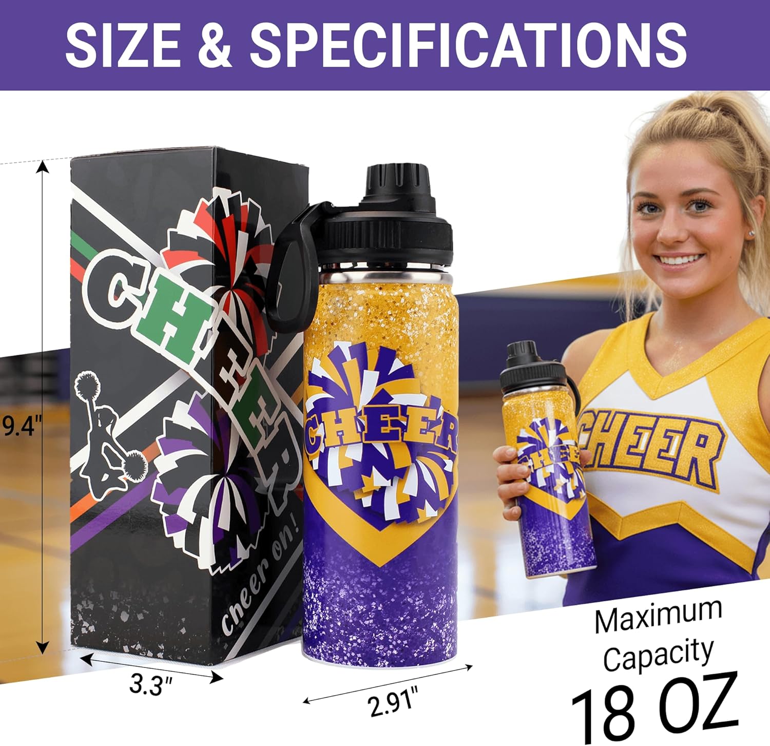 Cheer Water Bottle for Girls 18 oz, Insulated Stainless Steel Sports Bottle with Handle, Cheerleader Gift Bulk for Team Squad Gifts (Gold Purple) - Image 5