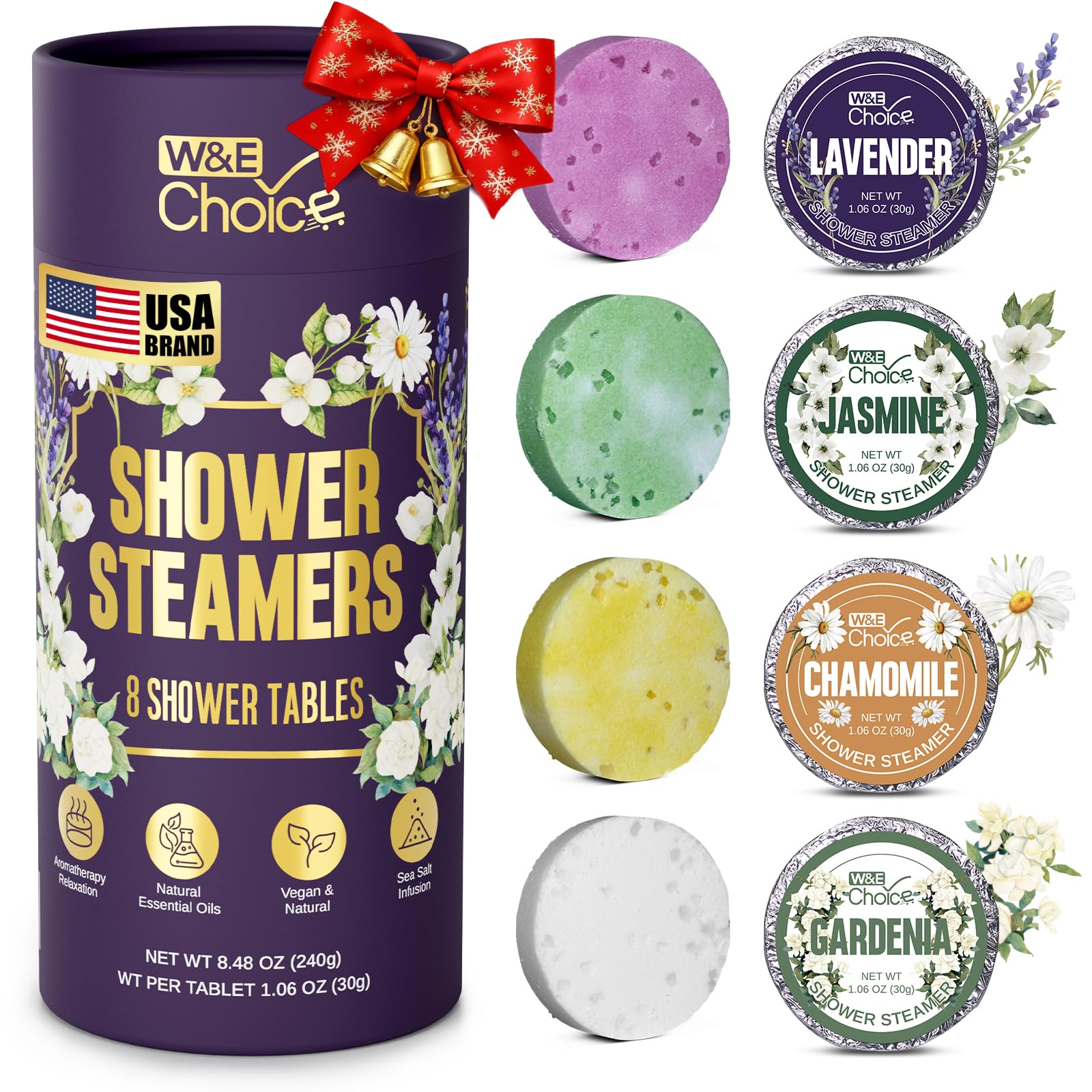 W&E Choice Shower Steamers Aromatherapy 8 Counts, Christmas Gifts for Women, Shower Bombs with Natural Essential Oils for Daily Relaxation & Stress