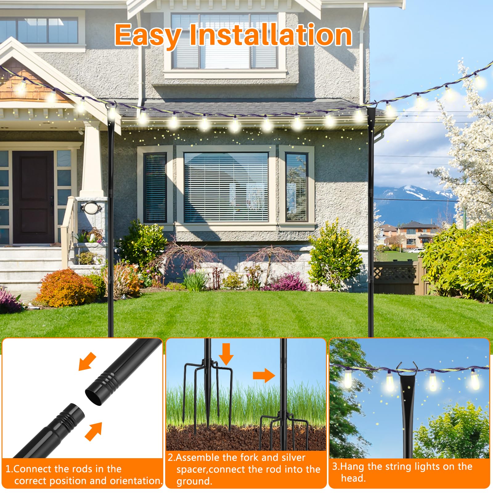 String Light Pole for Deck 2 Pack 9.8 Feet Metal Outdoor Hanging String Light Poles with Fork - Image 4