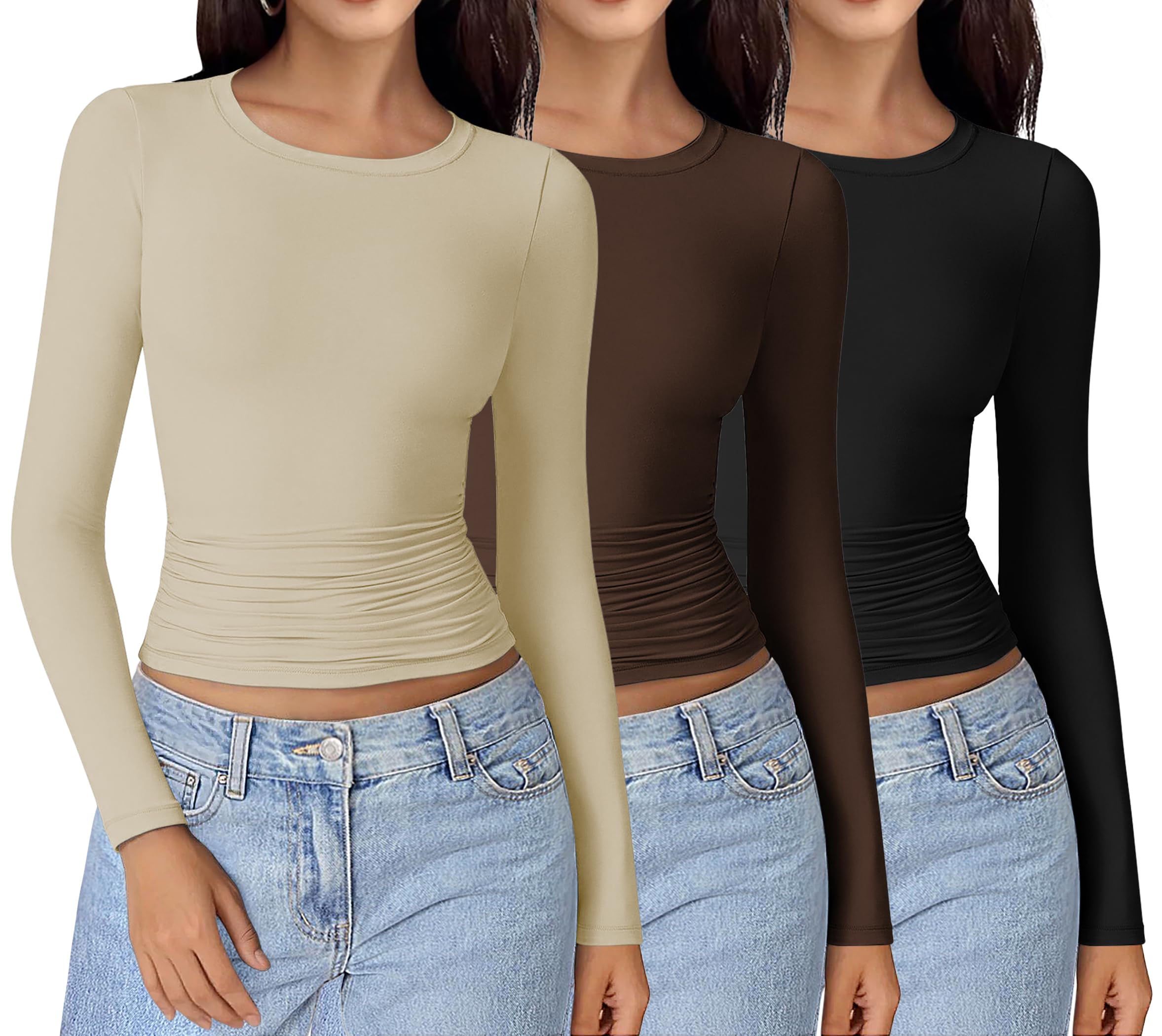 Ekouaer Langarmshirt Damen Seitlich Gerüscht Themroshirt | Rundhals, Longsleeve 3 pack Set, Basic Tops, Thermo Oberteil, Slim Fit, Atmungsaktives Baselayer für alltag & outdoor