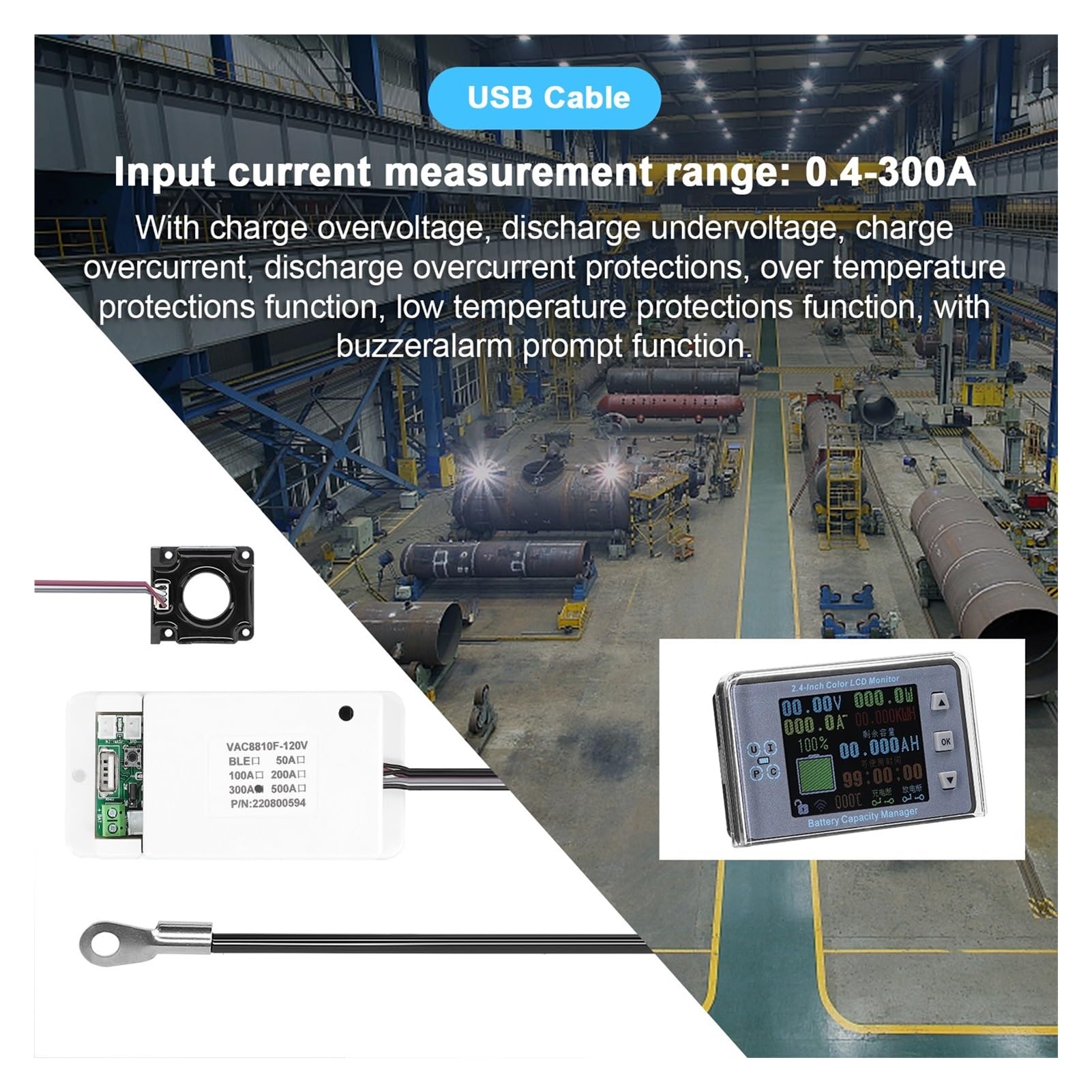 Comprobador de Batería, Coulómetro de batería VAC8810F 300A, amperímetro inalámbrico, voltímetro, Detector de potencia de batería, probador de capacidad de batería, Monitor de batería(Waterproof Cover