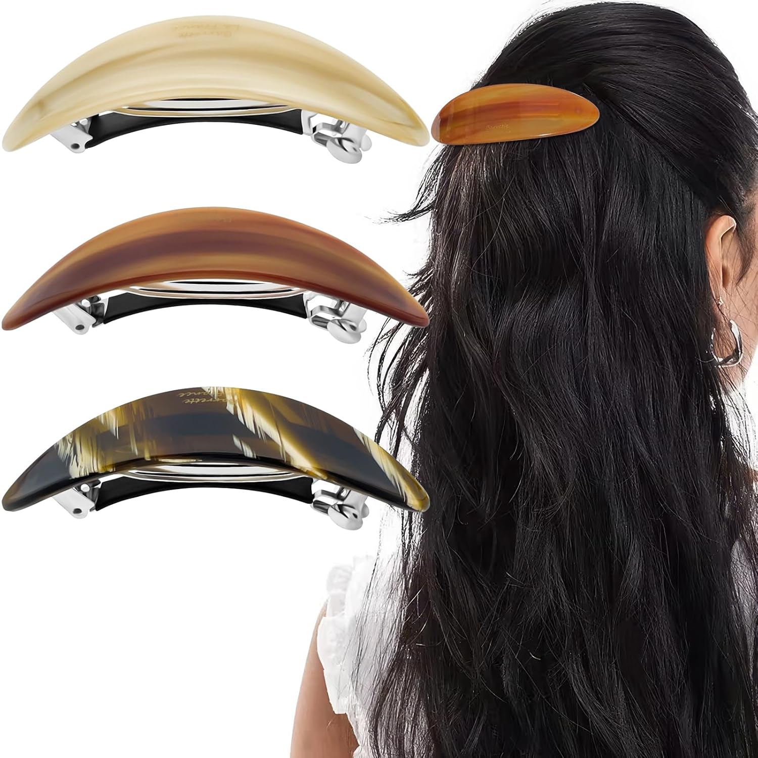 3PCS French Acetate Hair Barrettes Tortoise Shell Hair Clips Large Vintage French Pins Classic Snap Retro Clasp Hairgrips Hair Accessories for Long Thick Hair Women Girls