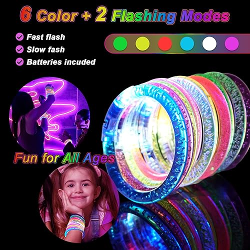Miniatura 5 de Paquete de 90 pulseras que brillan en la oscuridad, suministros de fiesta que brillan en la oscuridad, pulseras con luz LED de 6 colores para