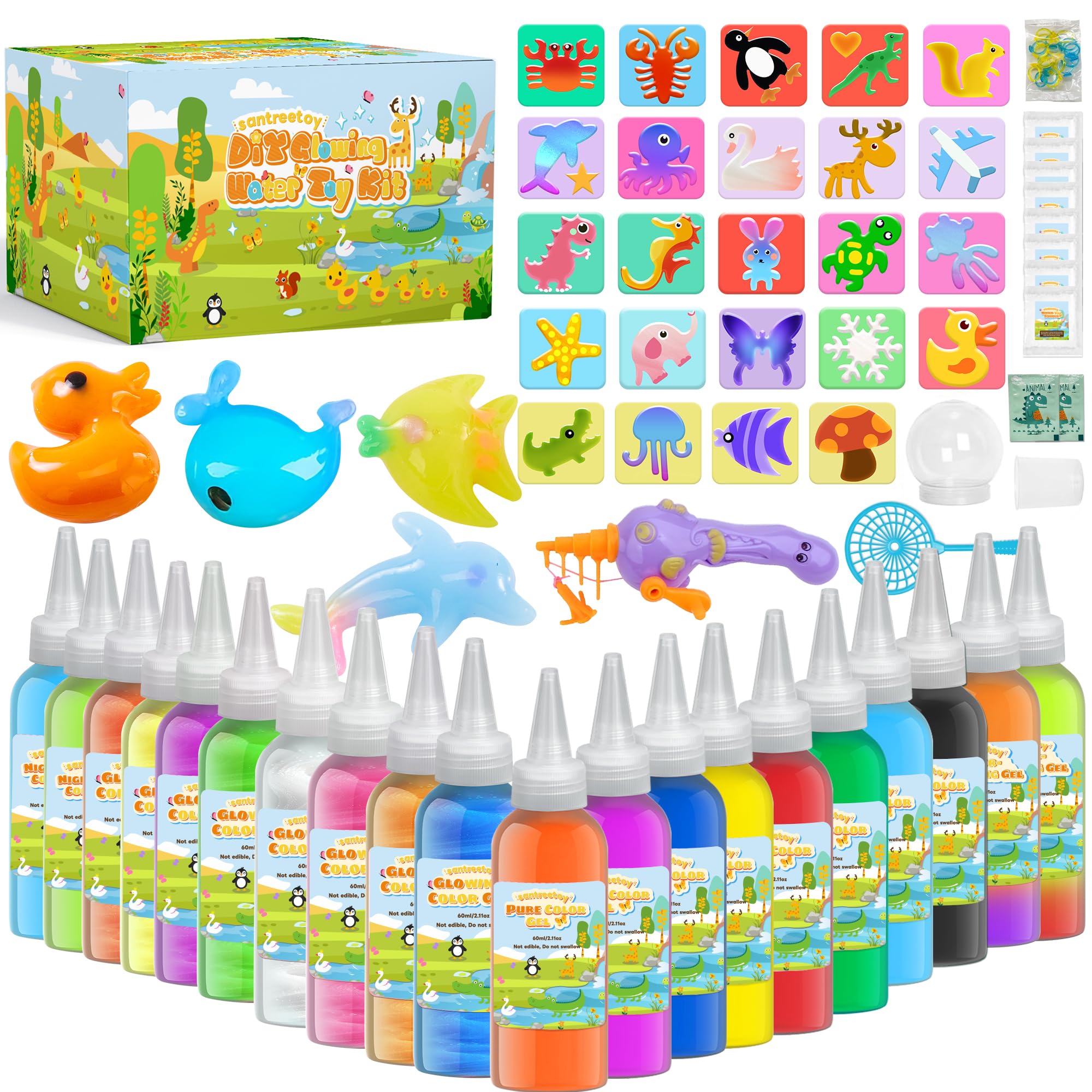 santreetoy Magic Gel Water Elf Toy Kit with Kids Fishing Pole, 20 Squishies Maker Making Kit, Fairy Aqua Gel Arts Crafts for Ages 6+, Sensory Toys Party Favors for Girls, Color