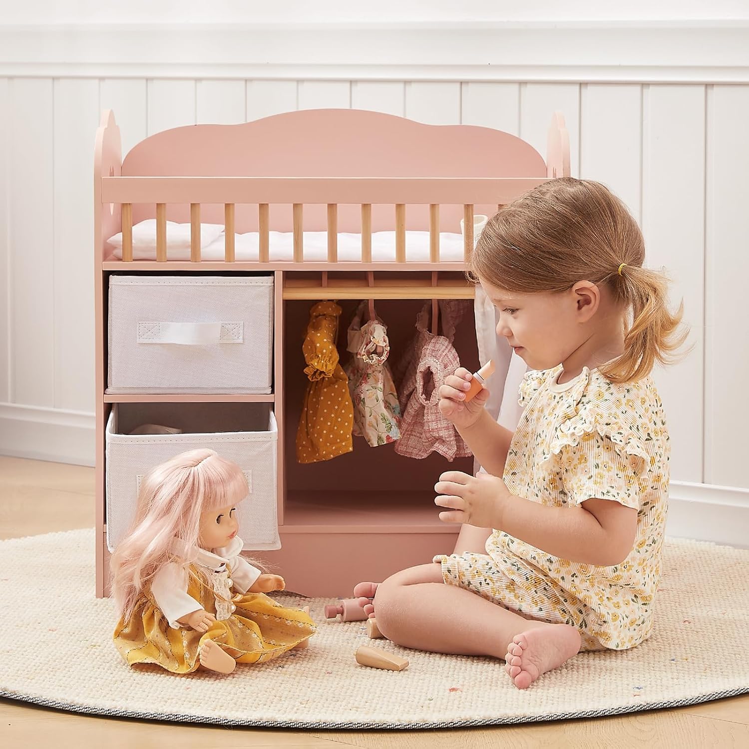 OOOK Baby Doll Crib, Wooden Baby Doll Bed and Changing Table, Dollhouse Furniture with Two Storage Box, Bedding and Coat Hangers, Nursery Playset Suitable for Dolls Under 22 Inches, Pink - Image 3