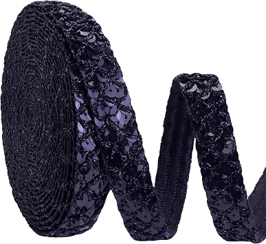 Black Sequin Ribbon Trim Braid Trim Inelastic Glitter Ribbon for Crafts Sewing, Embellishments 5.5 Yards, 0.9 Inch