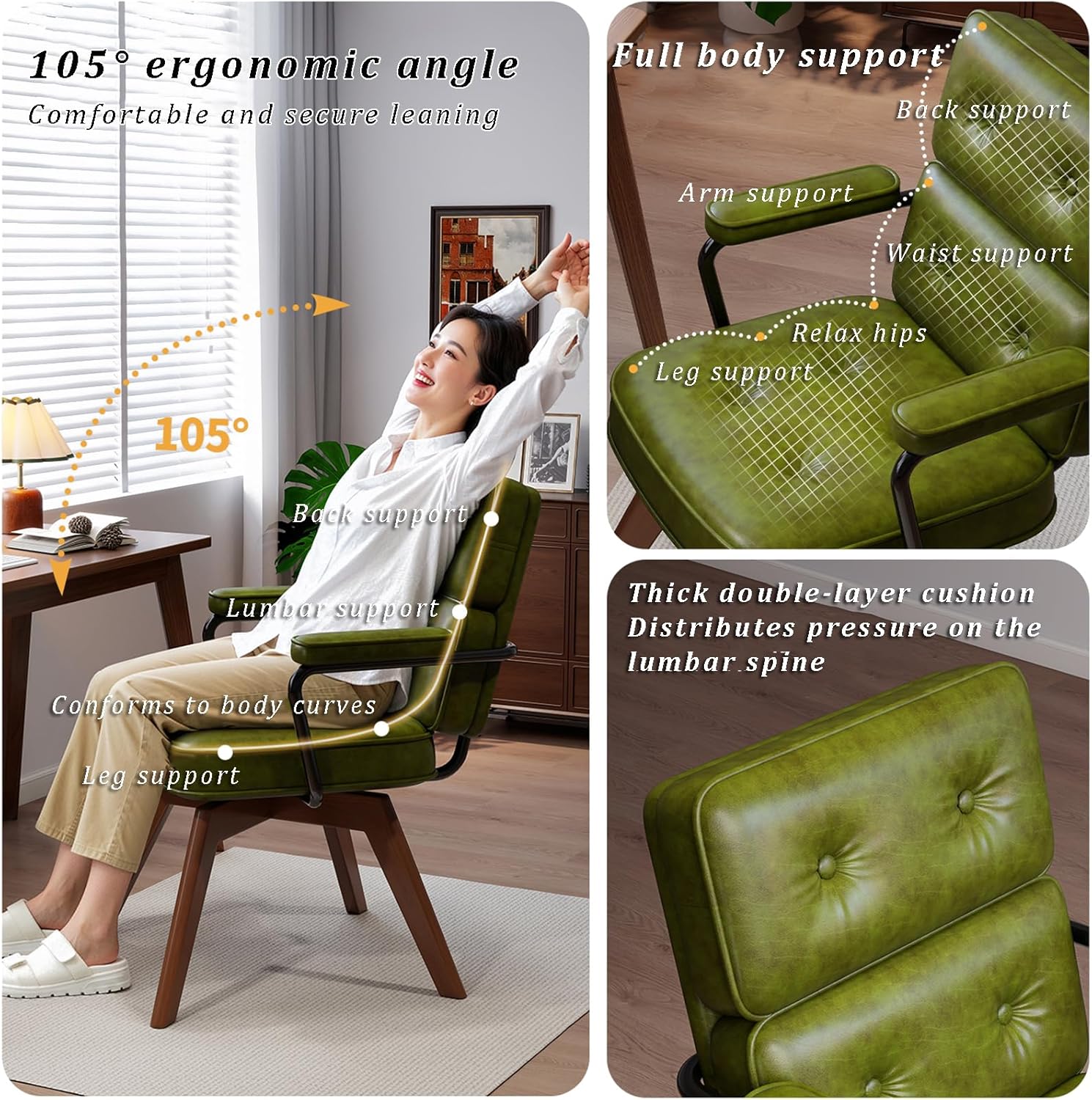 Swivel Desk Chair, Faux Leather Home Office Chair with Solid Wood Legs, Upholstered Computer Chair Mid Century Modern Armchair for Study, Bedroom, Living Room, Brown