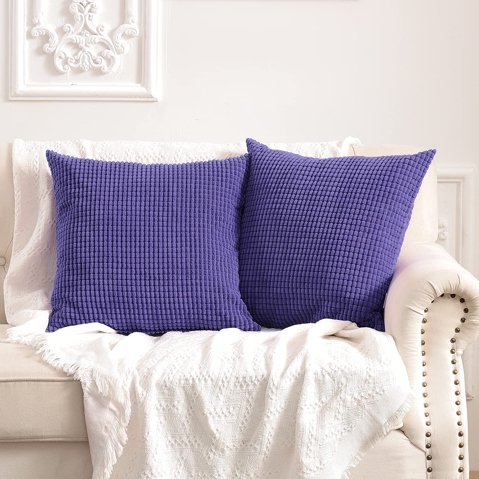 FY FIBER HOUSE Pack of 2 Comfy Corduroy Corn Granules Decorative Throw Pillow Cover, Square Cushion Pillowcases for Couch Sofa Bed, 40x40cm, Lavender