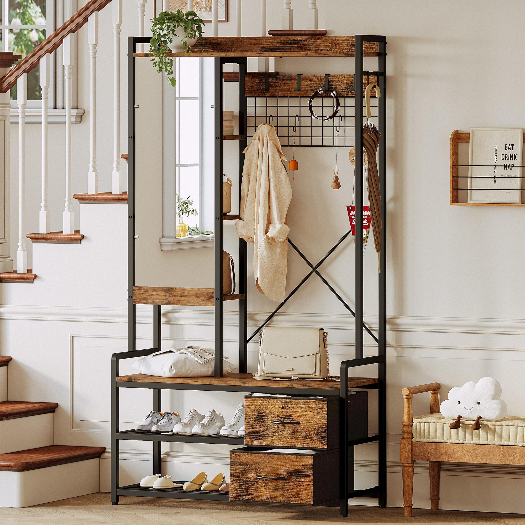 IRONCKHall Tree with Bench and Shoe Storage, Entryway Coat Rack with Mirror, 5-Tier Shelves, Side Hooks, 2 Drawers for Hallway, Vintage Brown