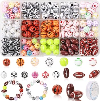 200 Pcs Sports Ball Beads for DIY Jewelry Making, Acrylic Tiny Baseball Basketball Soccer Football Volleyball Beads for Bracelets Keychains Necklaces Crafting Sports with Box