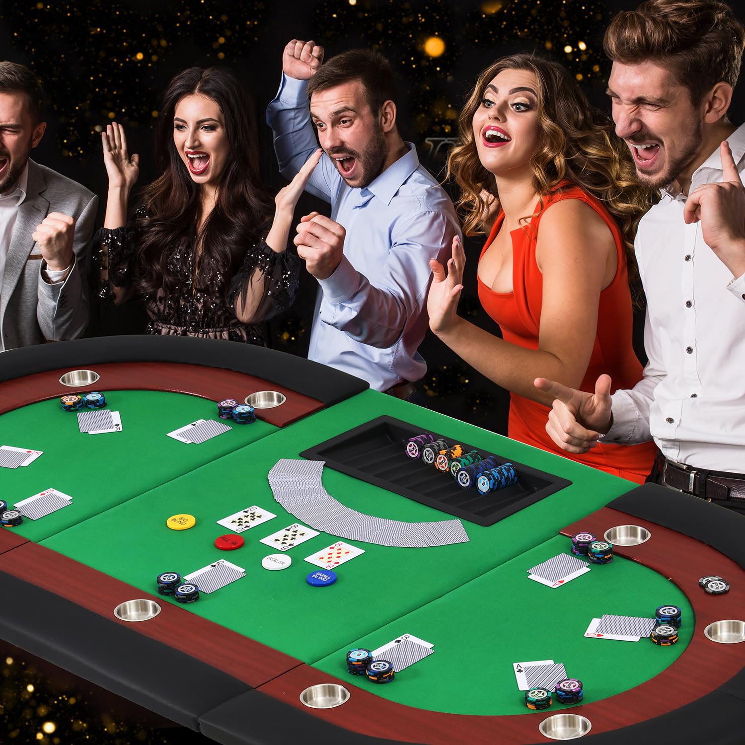 AVAWING Pokertisch für 10 Spieler, 9 Getränkehalter, abnehmbare Chipablage, gepolsterte Armauflage, Braun & Grün