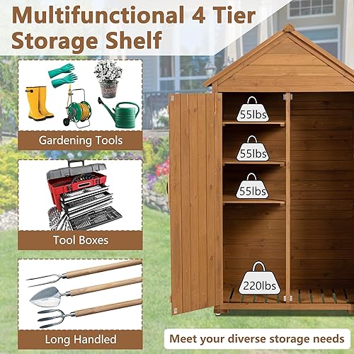 Miniatura 5 de Gabinete de almacenamiento al aire libre, cobertizo de jardín de herramientas de madera, con techo impermeable, estantes desmontables, puertas con