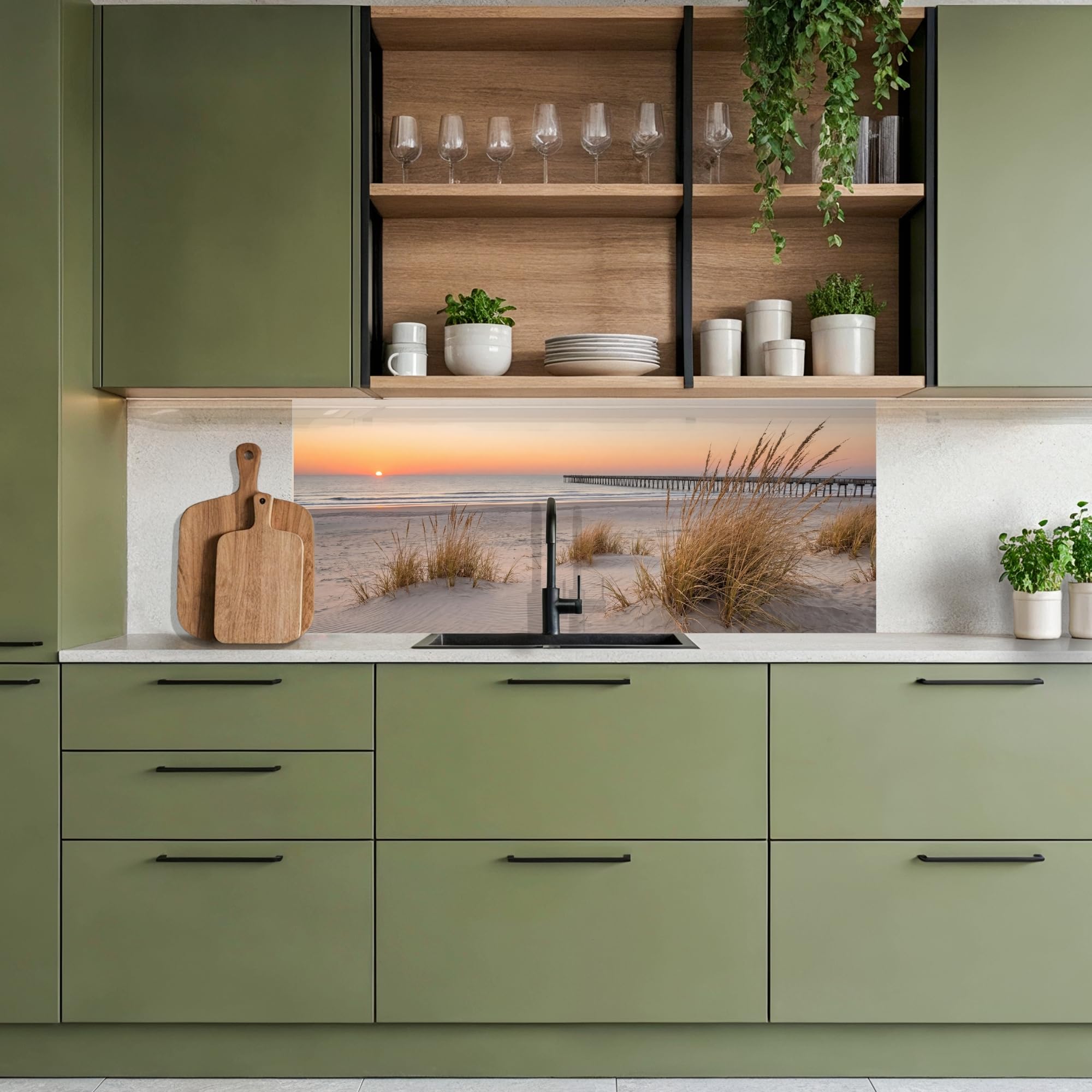 KitchenYeah© Küchenrückwand Selbstklebend 60x150 cm Küchenspritzschutz Rückwand Wandschutz Ohne Bohren Spritzschutz Wand Wandverkleidung Pier - Sonnenuntergang - Strand
