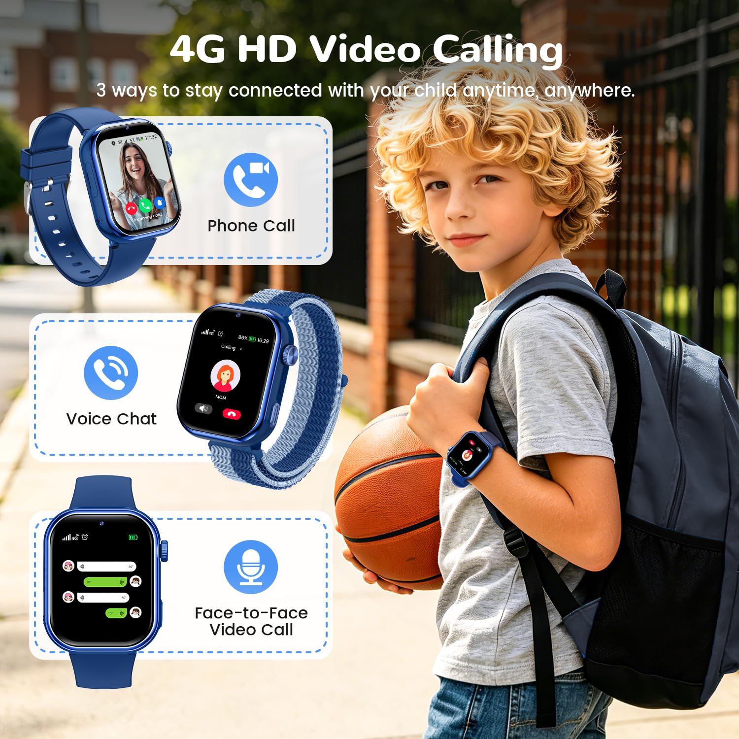 Smartwatch Kinder mit GPS und Telefon, SIM, Videoanrufe, SOS, Blau | Telefonanruf, Taschenlampe, Sprachchat, Schulmodu, Schlafmonitor, SMS, IP68, Wecker, Schrittzähler, Kinderuhr, Mädchen Jungen