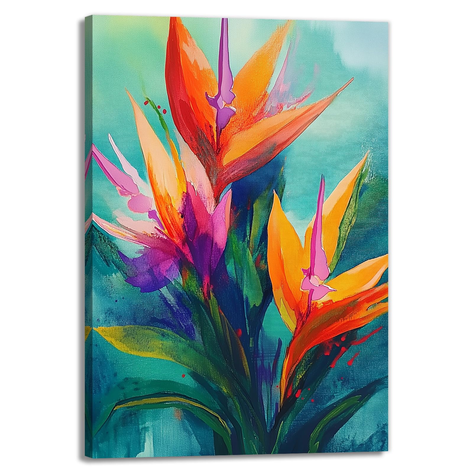 GLOKAKA Colorful Floral Canvas Wall Art Bird Of Paradise Pictures Print Tropical Flower Art Abstract Plants Painting for Living Room Kitchen Home Wall Decor(Artwork-1,12"x18")
