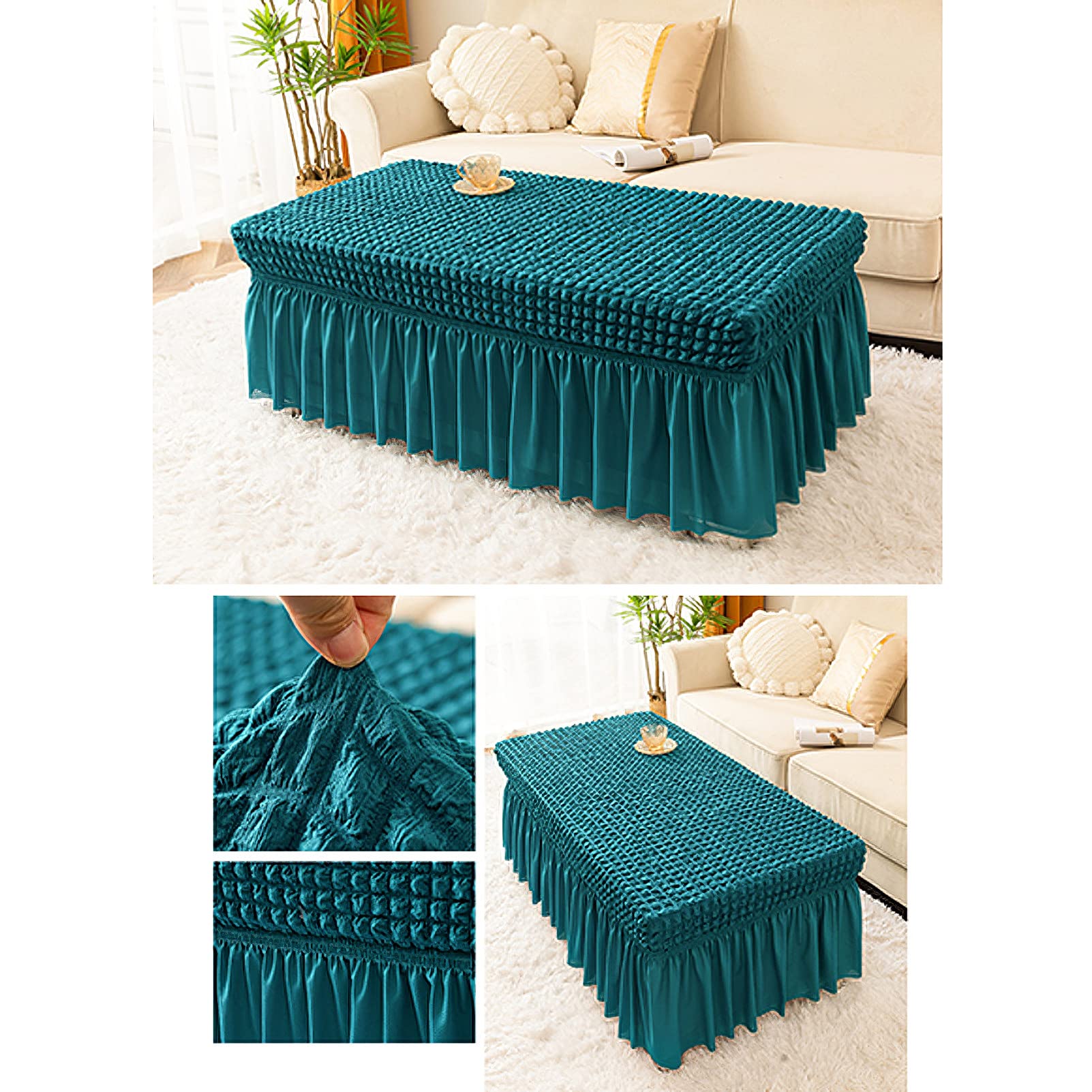 rismart Rectangle Polyester Elastic Coffee Table Cloth Cover Skirt Stain Resistant Tablecloths with Lace Edge Peacock Green,M - Image 3