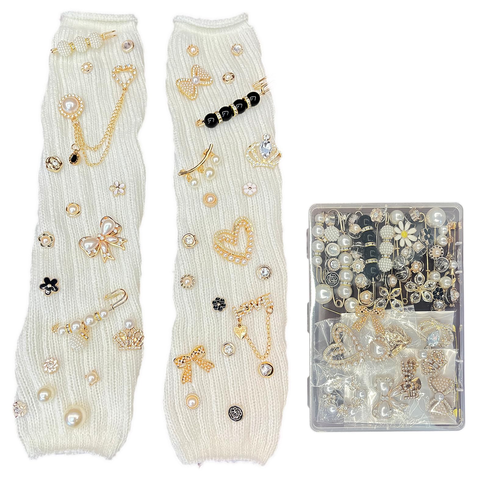 Juego de 60 calcetines de basura, broches de seguridad, broches de seguridad para sombreros de mujer, broches y alfileres, calcetines con diamantes de imitación de perla, caja de almacenamiento de