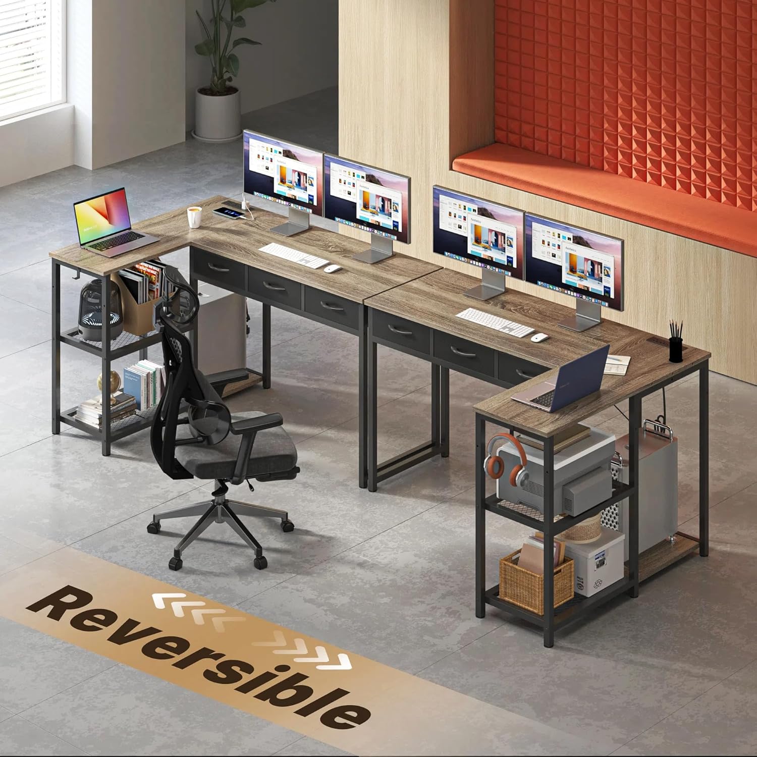 Gizoon 53 Inch L Shaped Computer Desk with Drawers, Corner Desk with Power Outlets & Reversible Storage Shelves with CPU Stand and 2 Hooks for Home Office Gaming (Grey)