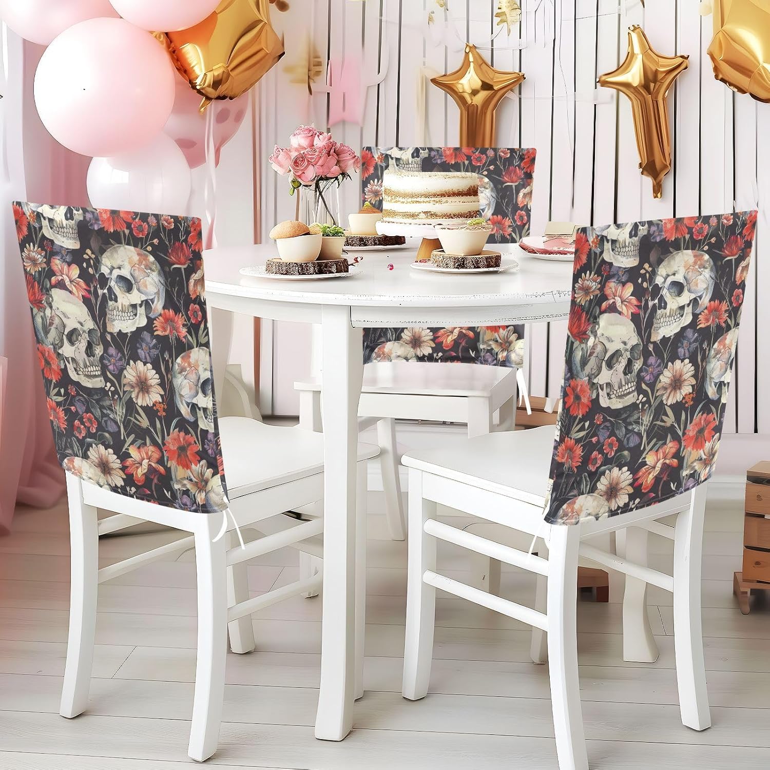 ALAZA Skulls Boho Flowers Chair Back Cover Set of 6, Washable Reusable Removable Chair Slipcovers Decorative Chair Cover for Home Kitchen Wedding Party