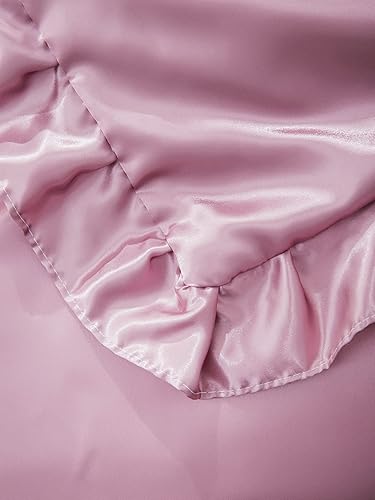 Miniatura 5 de Juego de funda de edredón sedosa de satén similar a la seda, color rosa rubor con estampado de satén con volantes rosados, 1 funda de edredón y 2