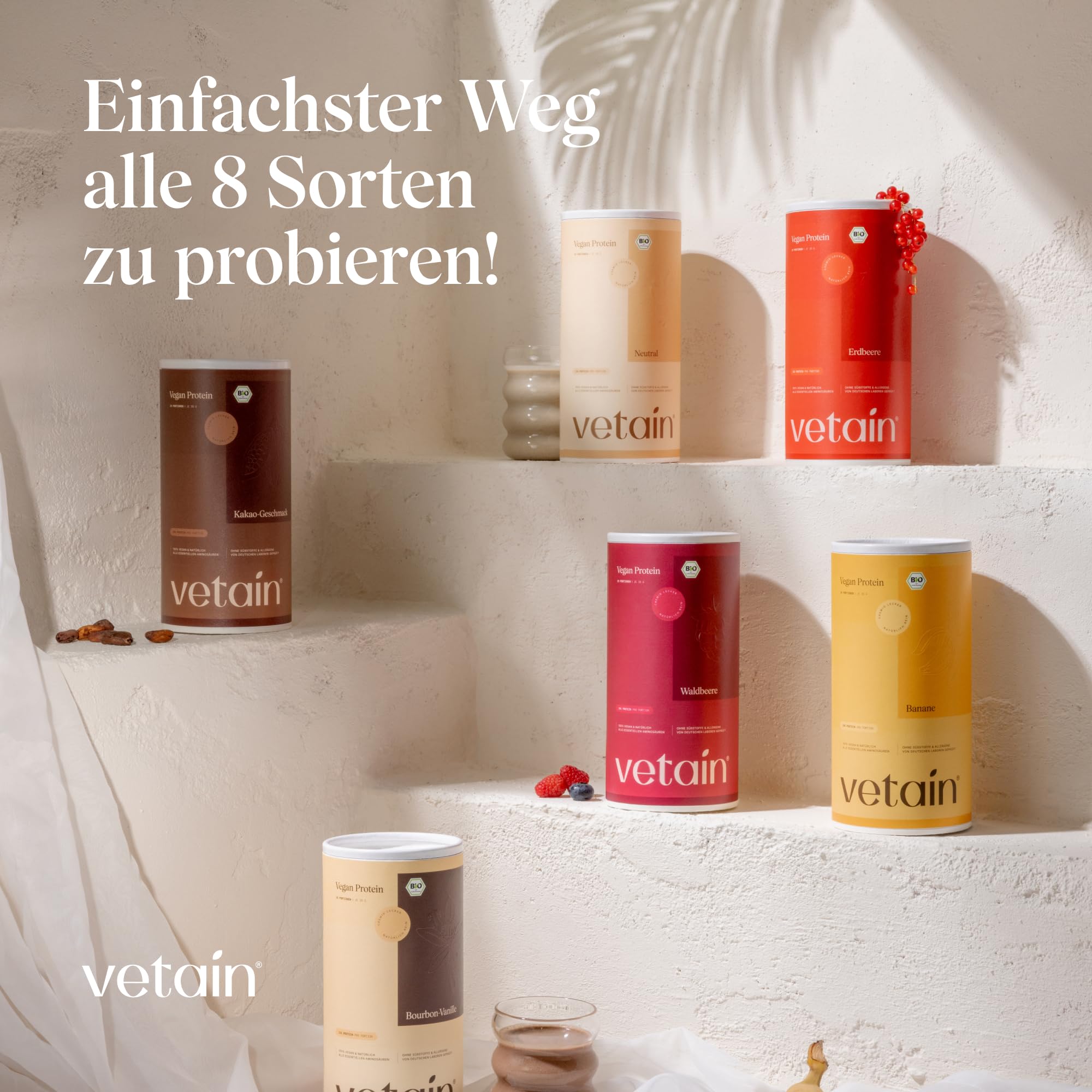 VETAIN Protein Pulver Probierpaket - 23g Eiweiß - 8 x 30g - 4 Proteinquellen fermentiert Erbsen - Bio veganes Proteinpulver - Ohne künstliche Süßungsmittel - NEUE REZEPTUR