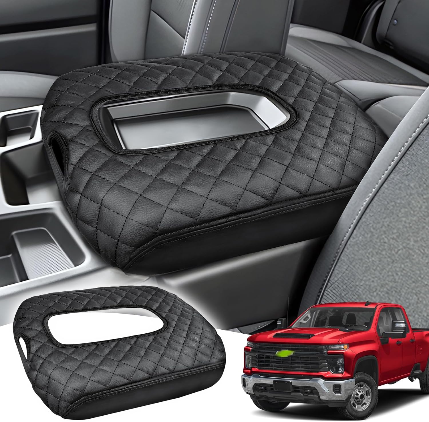 Center Console Cover Fits Silverado/Sierra 2014-2018 and Tahoe/Yukon/Suburban 2015-2019 Leather Armrest Lid Box Protective Cover Center Console Middle Console Cover Accessories(Bucket Seat Only)